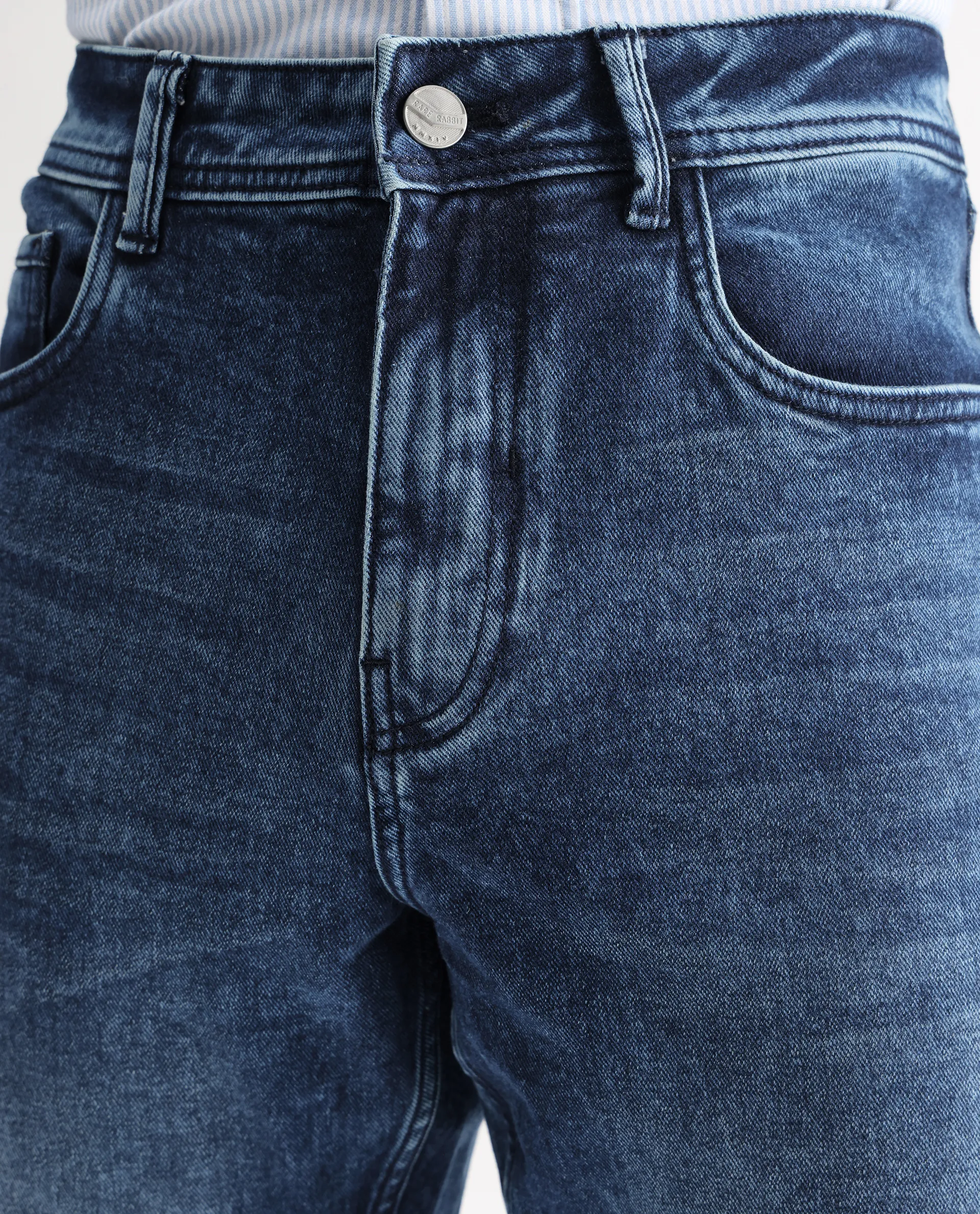 Rare Rabbit Men's Polin Dusky Blue Cotton Plain Morris Regular Fit Jeans - Image 3