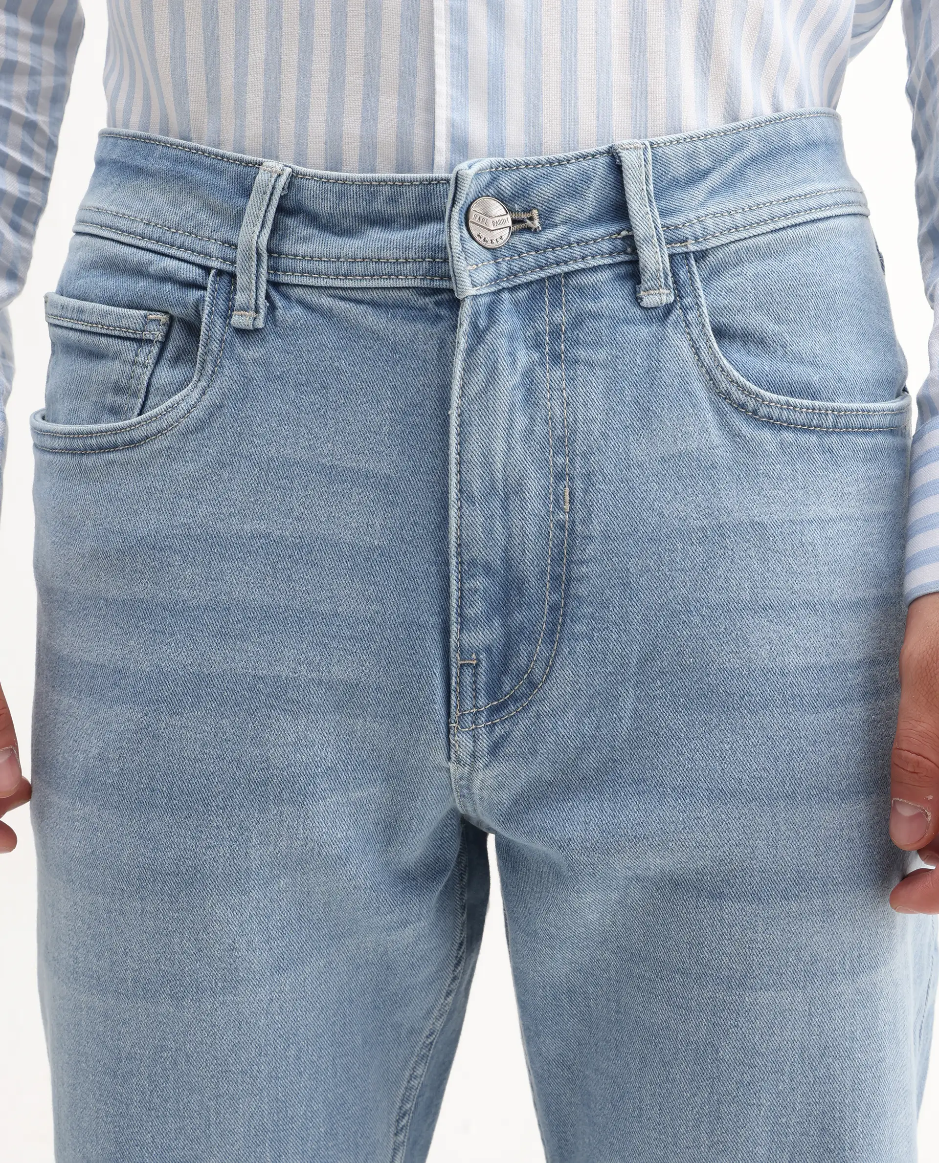 Rare Rabbit Men's Polin Light Blue Cotton Plain Morris Regular Fit Jeans - Image 4
