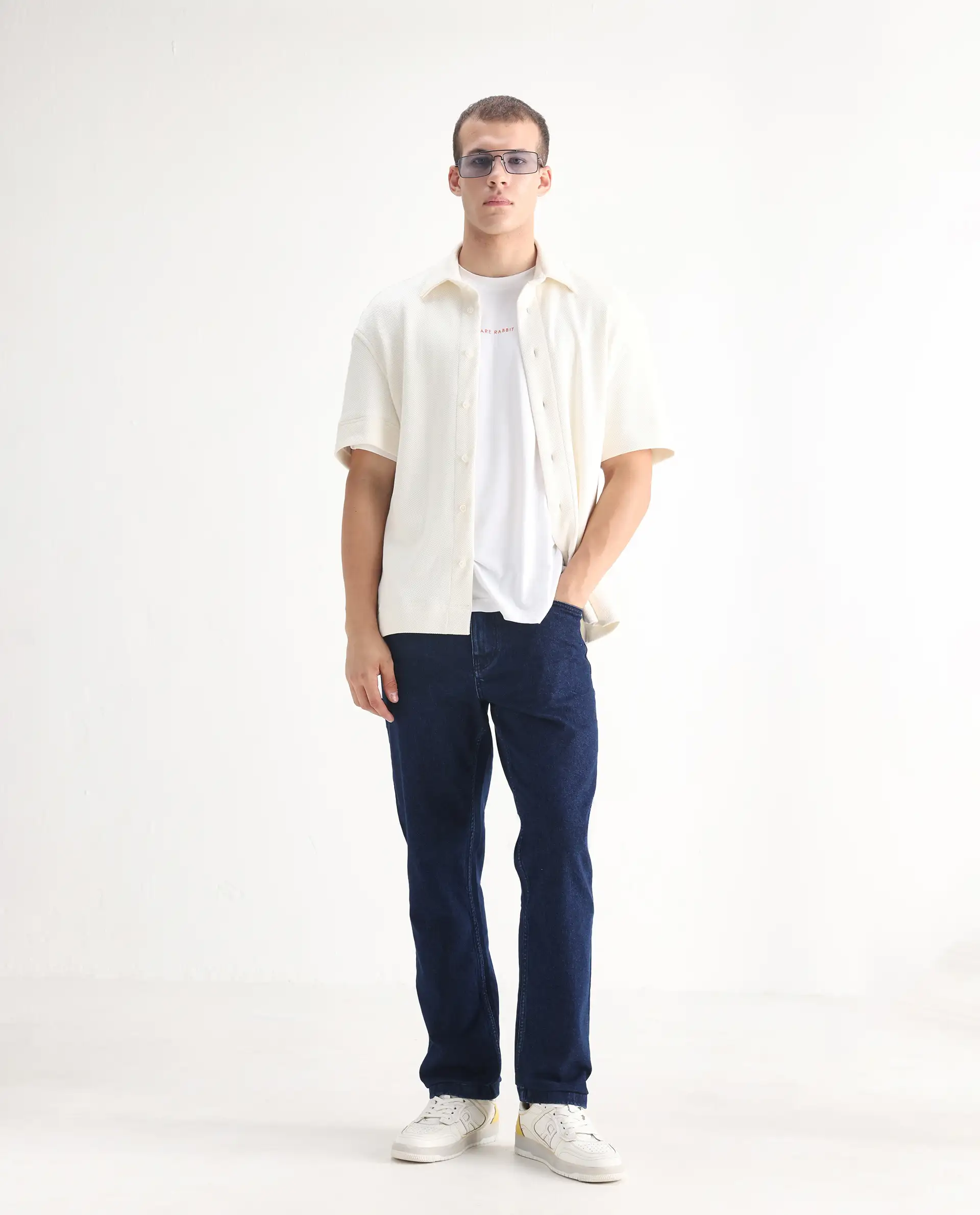 Rare Rabbit Men's Polin Navy Cotton Plain Morris Regular Fit Jeans