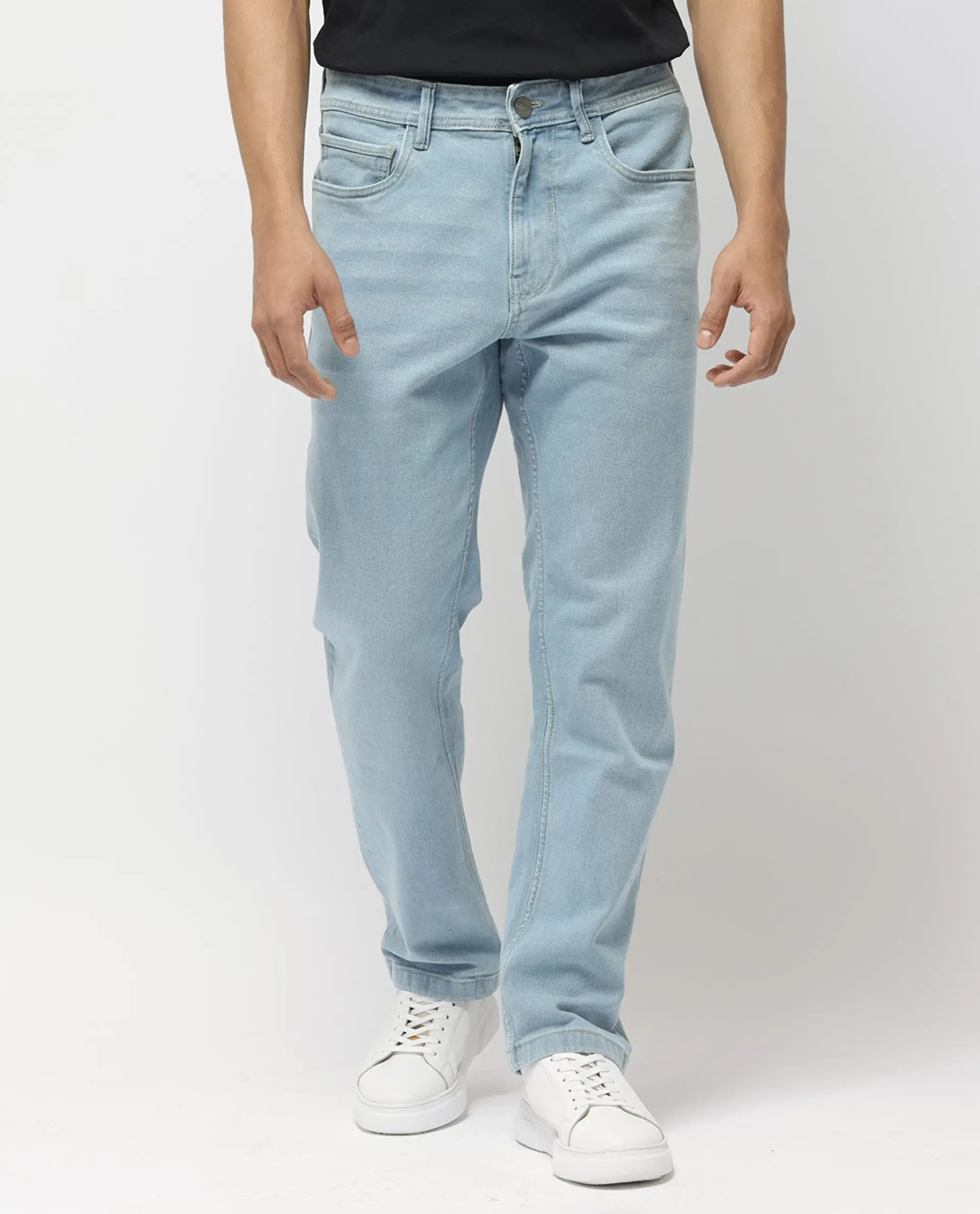 Rare Rabbit Men's Polin Pastel Blue Cotton Plain Morris Regular Fit Jeans - Image 11