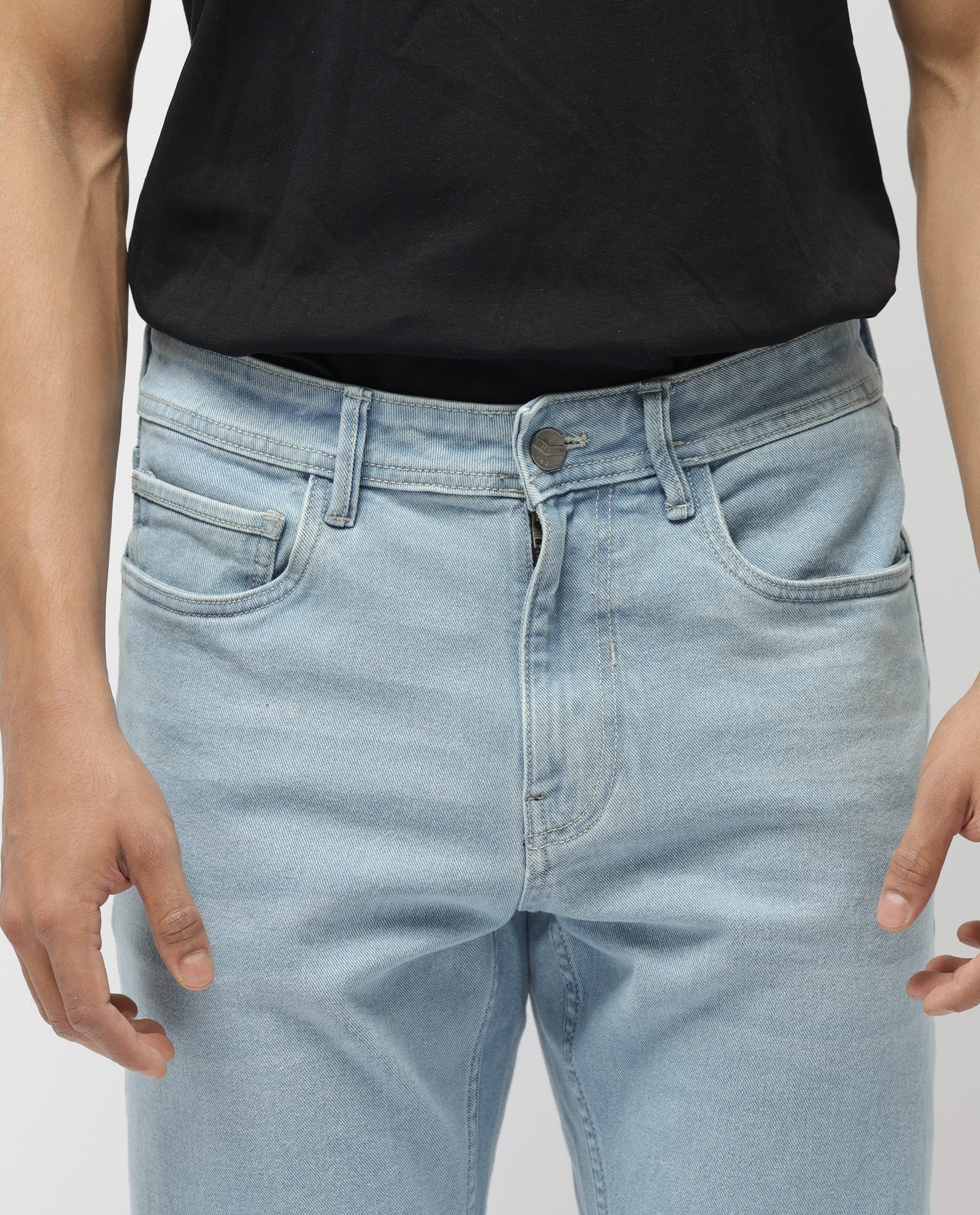 Rare Rabbit Men's Polin Pastel Blue Cotton Plain Morris Regular Fit Jeans - Image 4