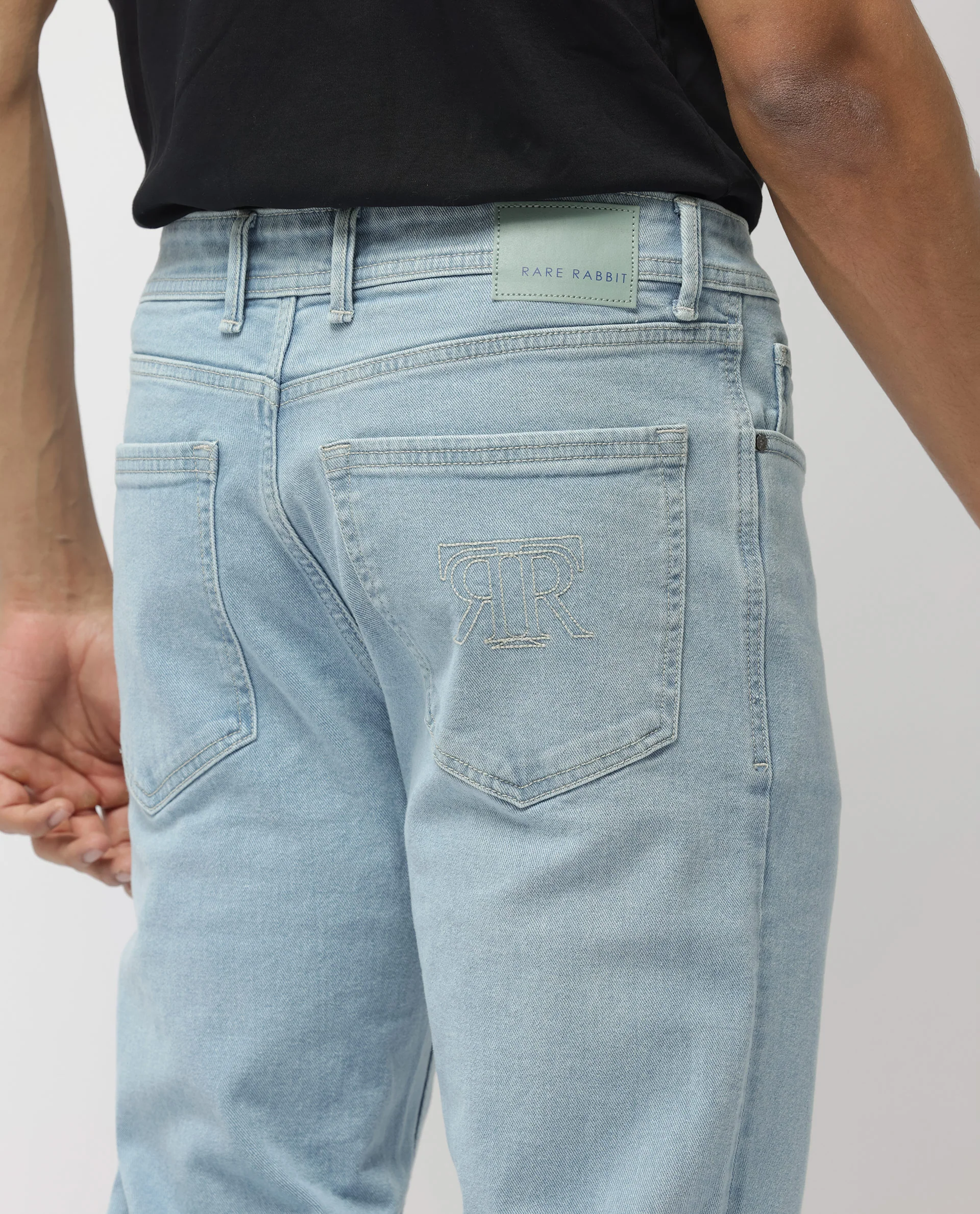 Rare Rabbit Men's Polin Pastel Blue Cotton Plain Morris Regular Fit Jeans - Image 5