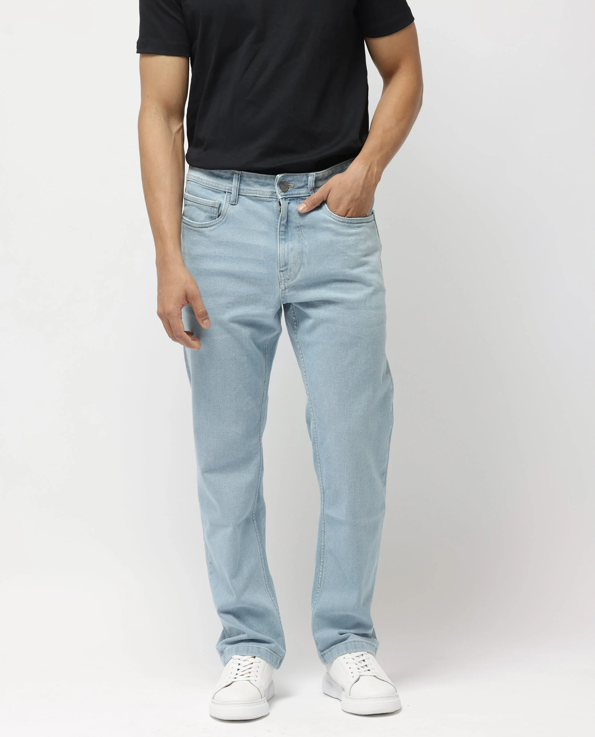 Rare Rabbit Men's Polin Pastel Blue Cotton Plain Morris Regular Fit Jeans - Image 8