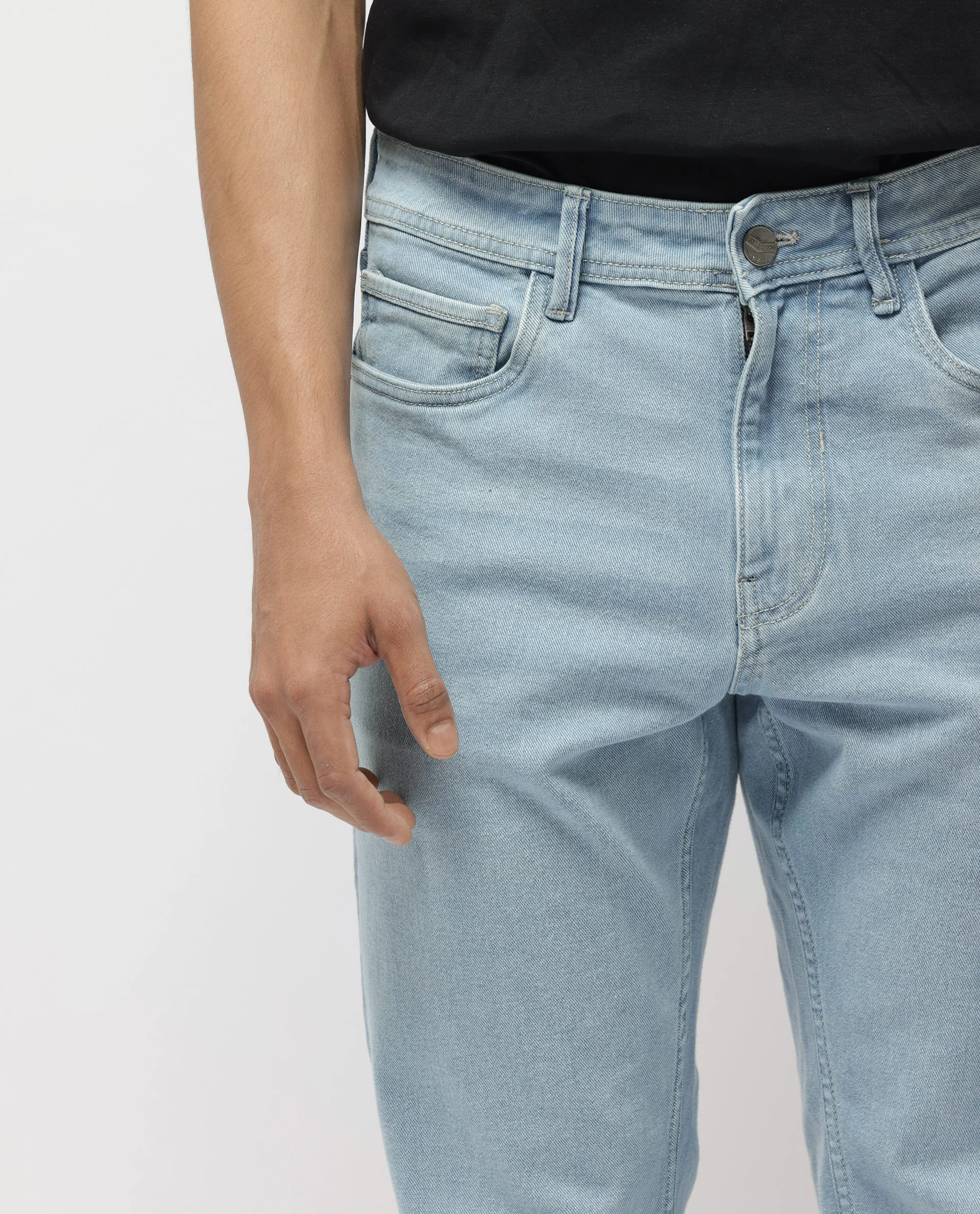 Rare Rabbit Men's Polin Pastel Blue Cotton Plain Morris Regular Fit Jeans - Image 9