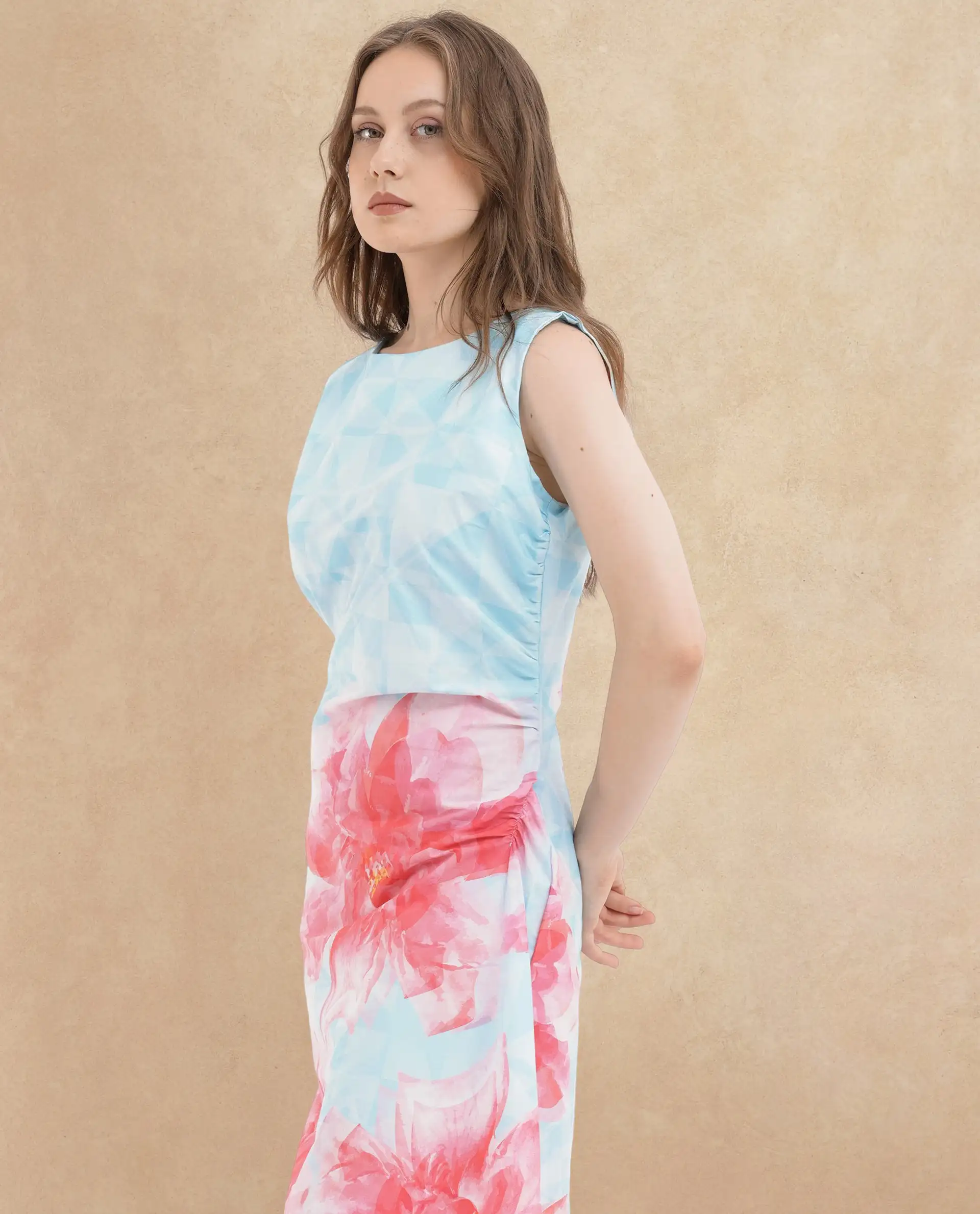 Rareism Women's Polina Blue Cotton Blend Boat Neck Floral Print Sleeveless Midi A-Line Dress - Image 3