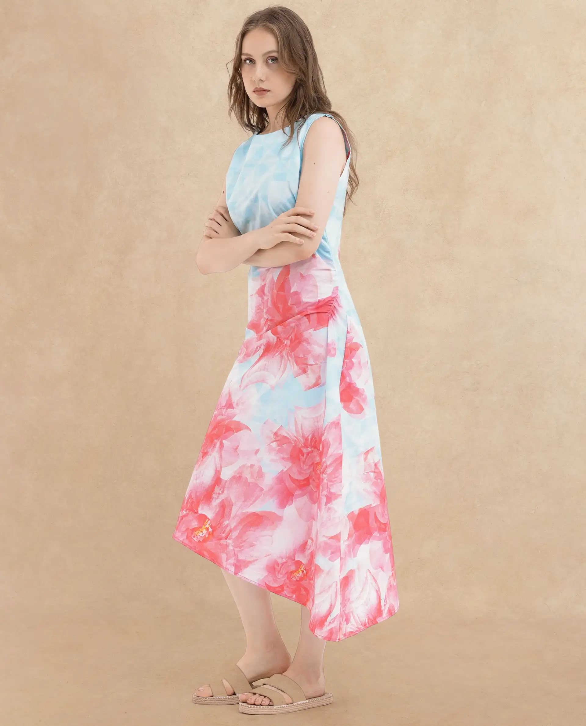 Rareism Women's Polina Blue Cotton Blend Boat Neck Floral Print Sleeveless Midi A-Line Dress - Image 4
