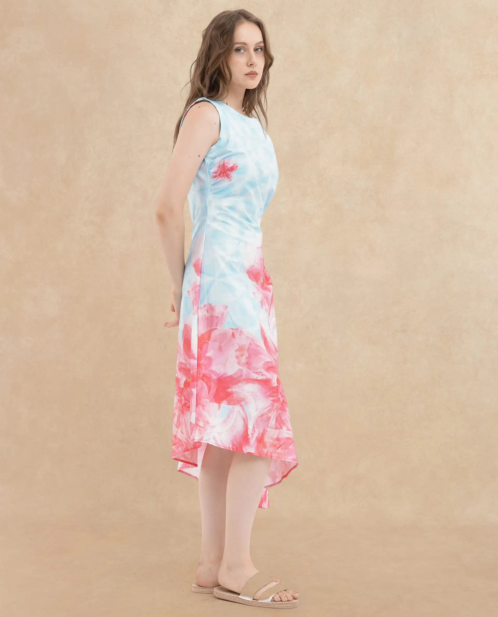 Rareism Women's Polina Blue Cotton Blend Boat Neck Floral Print Sleeveless Midi A-Line Dress - Image 5