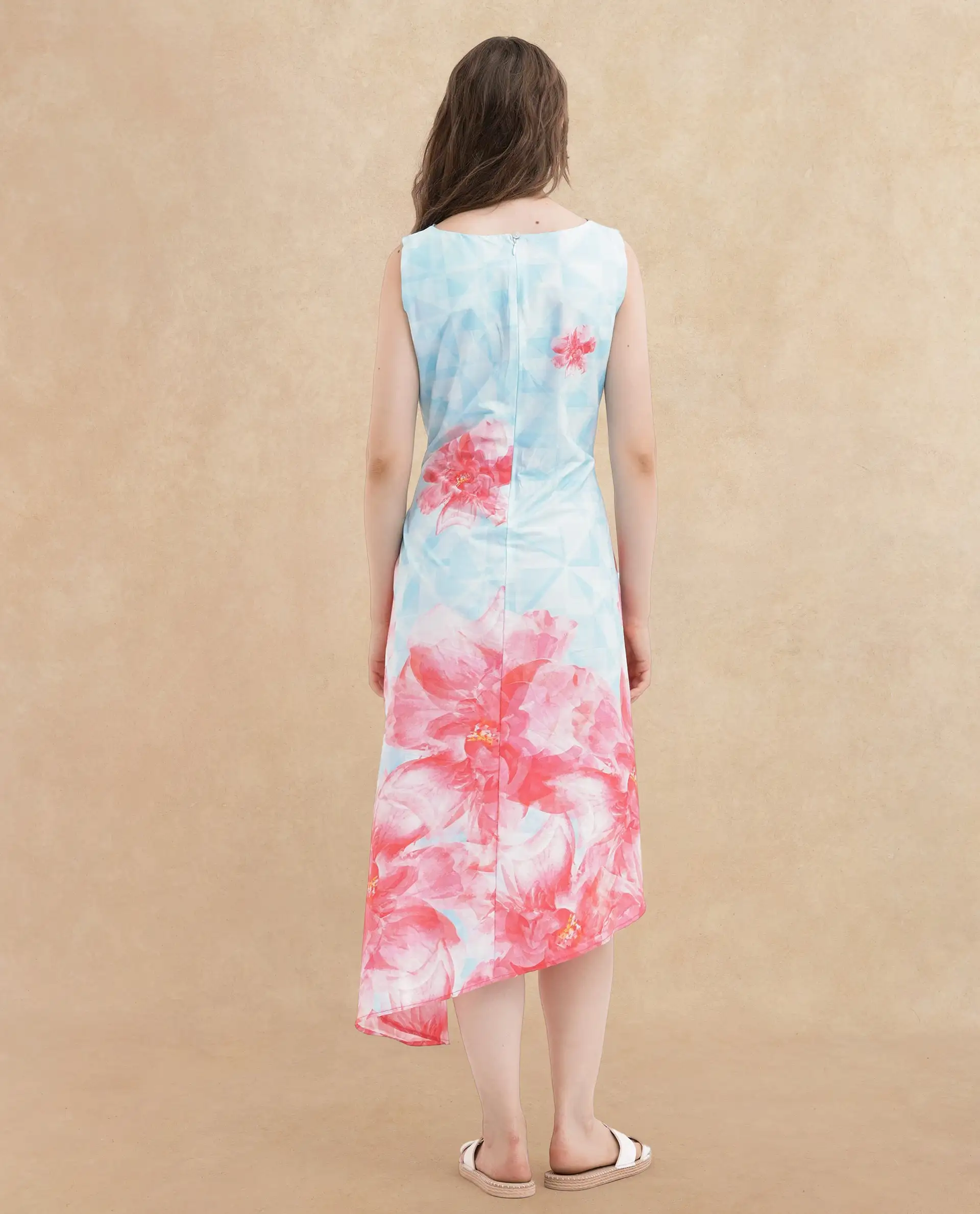 Rareism Women's Polina Blue Cotton Blend Boat Neck Floral Print Sleeveless Midi A-Line Dress - Image 7