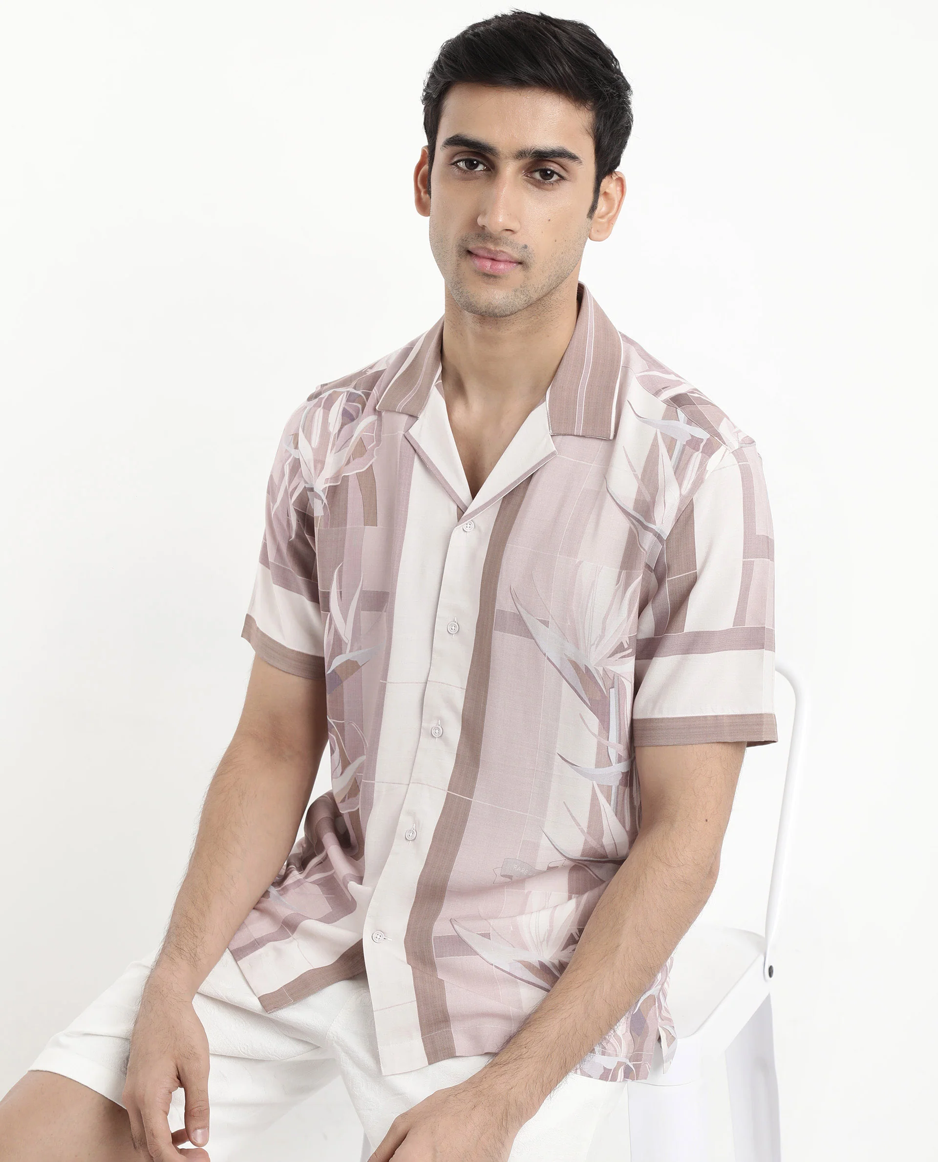 Rare Rabbit Men's Polis Beige Cotton Floral Print Boxy Fit Half Sleeve Collared Shirt