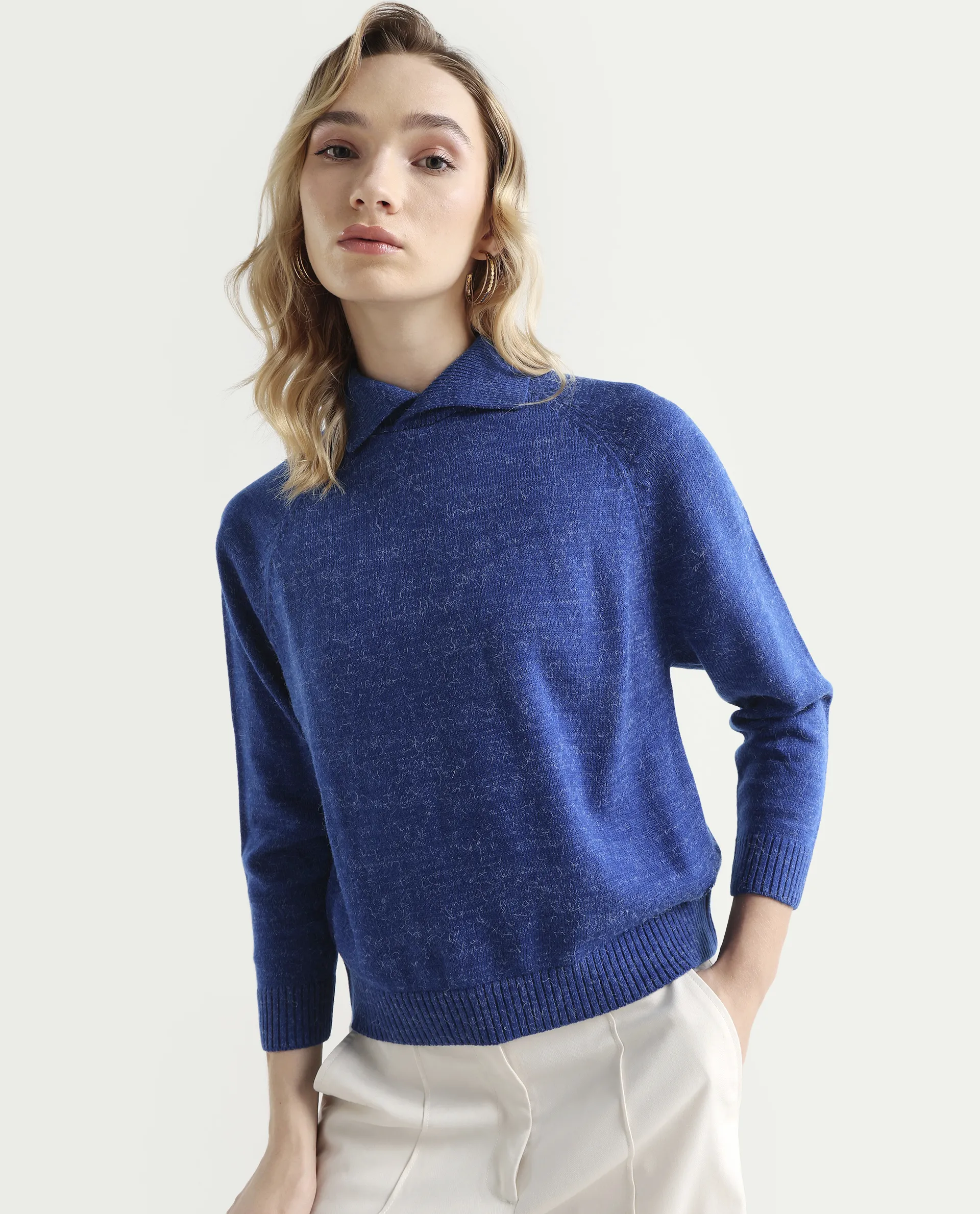Rareism Women's Polish Blue Acrylic Spread Collar Plain Knee Length Regular Fit Sweater