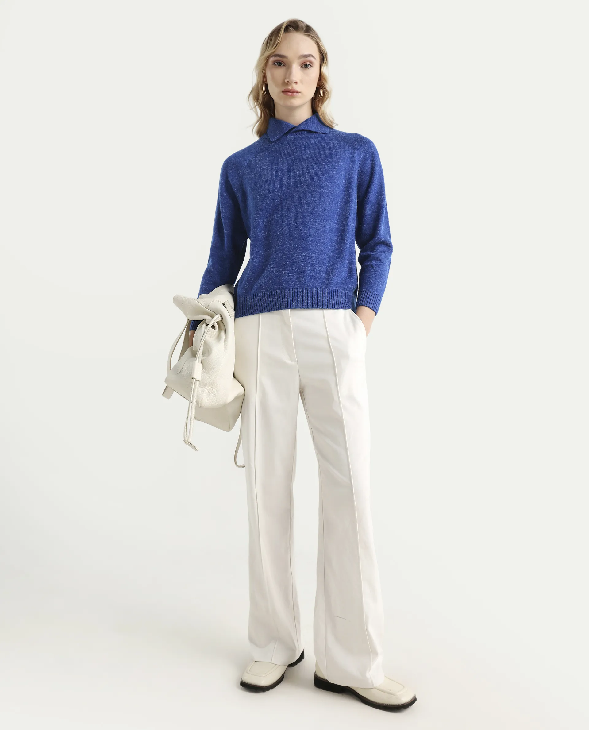 Rareism Women's Polish Blue Acrylic Spread Collar Plain Knee Length Regular Fit Sweater - Image 2