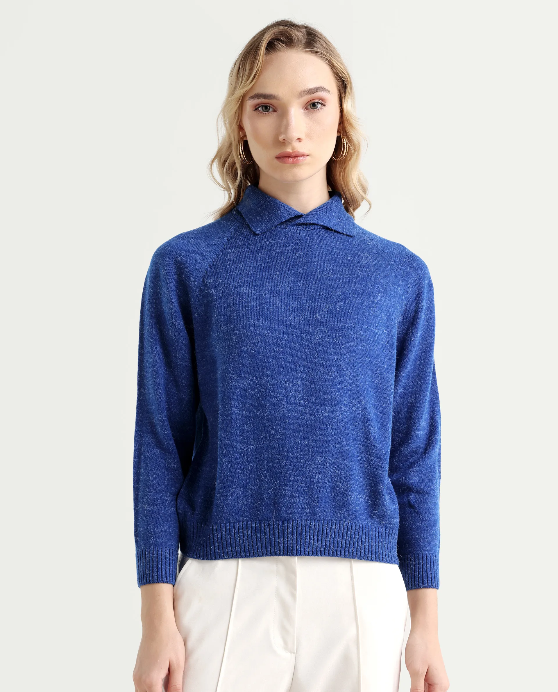 Rareism Women's Polish Blue Acrylic Spread Collar Plain Knee Length Regular Fit Sweater - Image 3