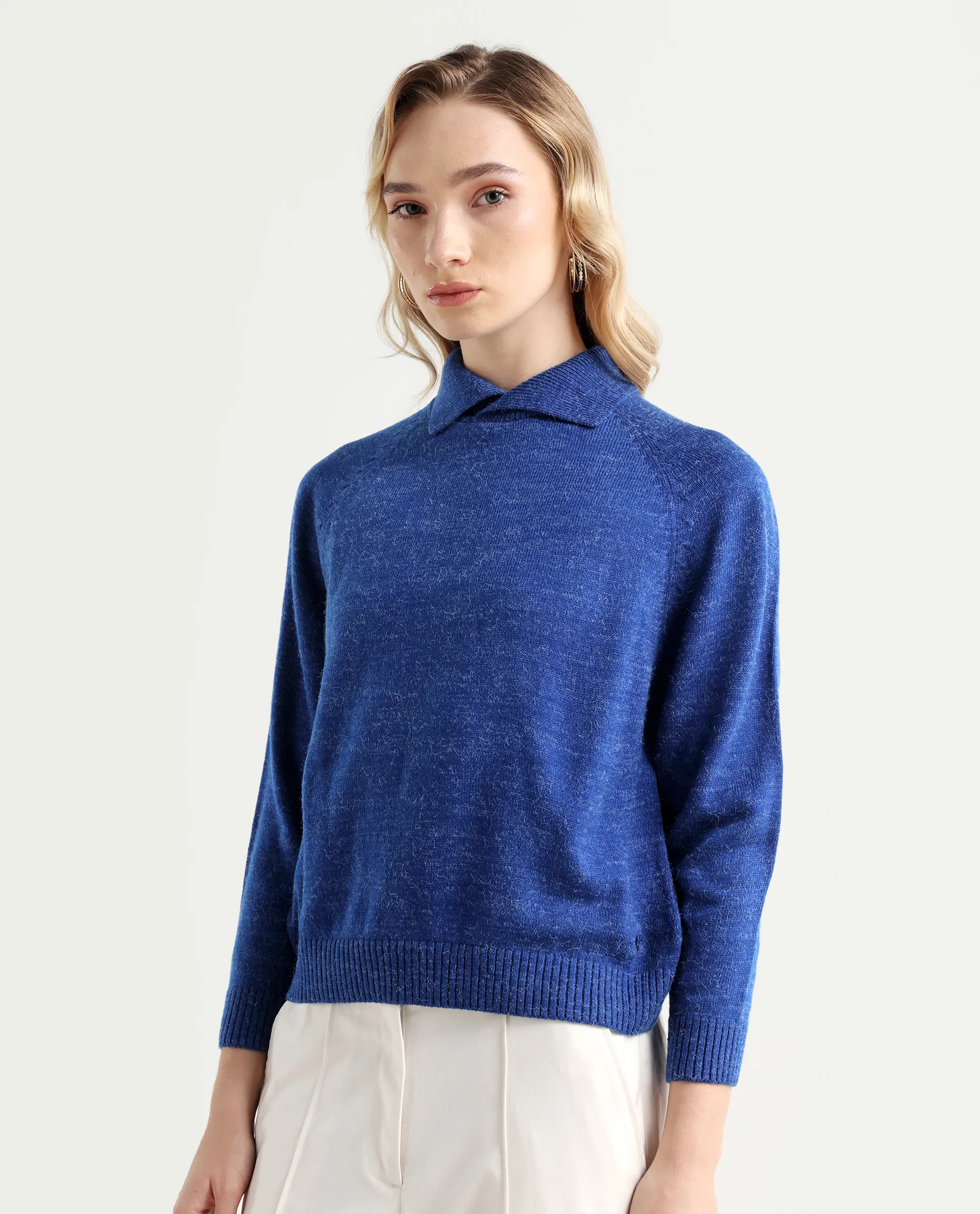 Rareism Women's Polish Blue Acrylic Spread Collar Plain Knee Length Regular Fit Sweater - Image 6