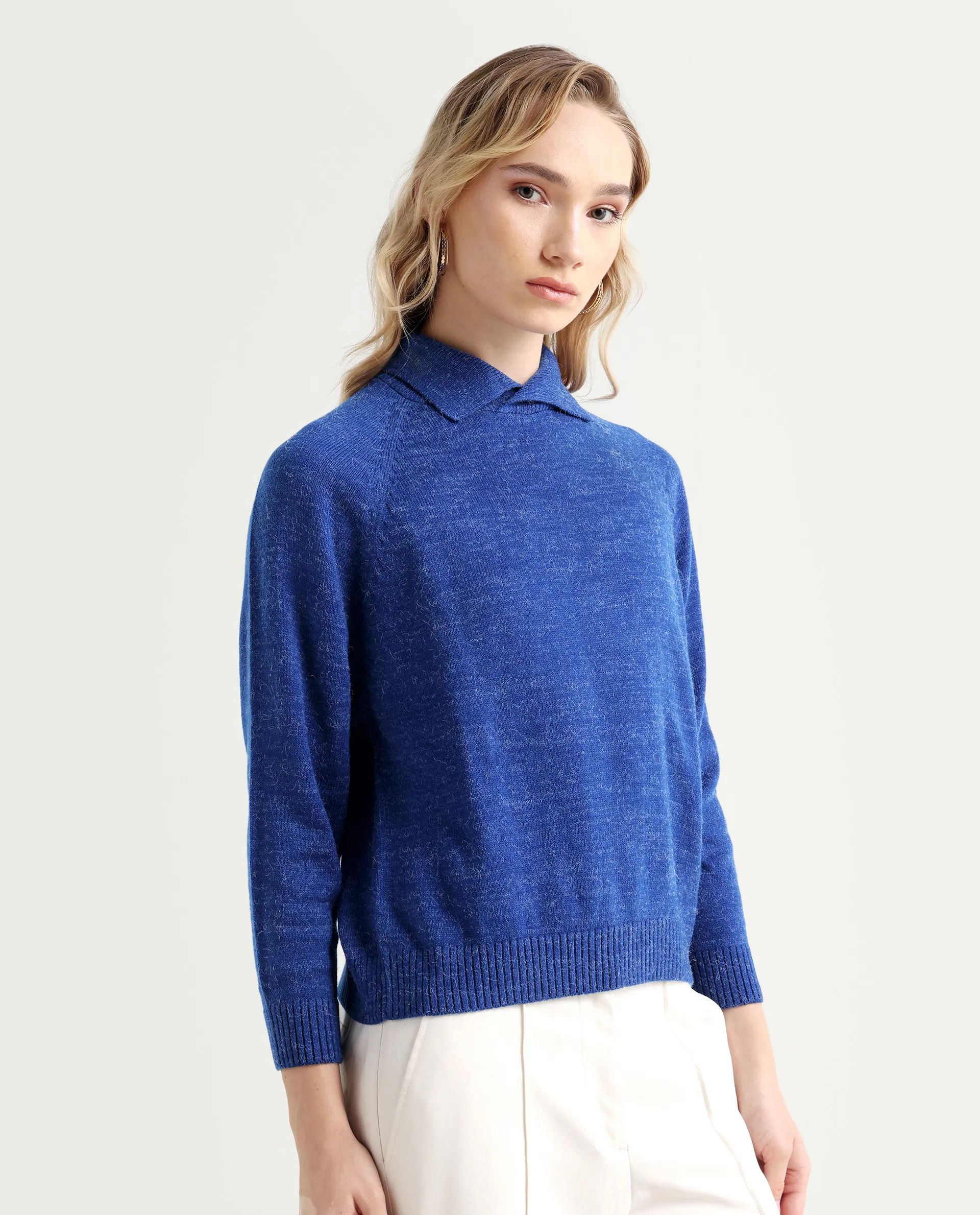 Rareism Women's Polish Blue Acrylic Spread Collar Plain Knee Length Regular Fit Sweater - Image 7