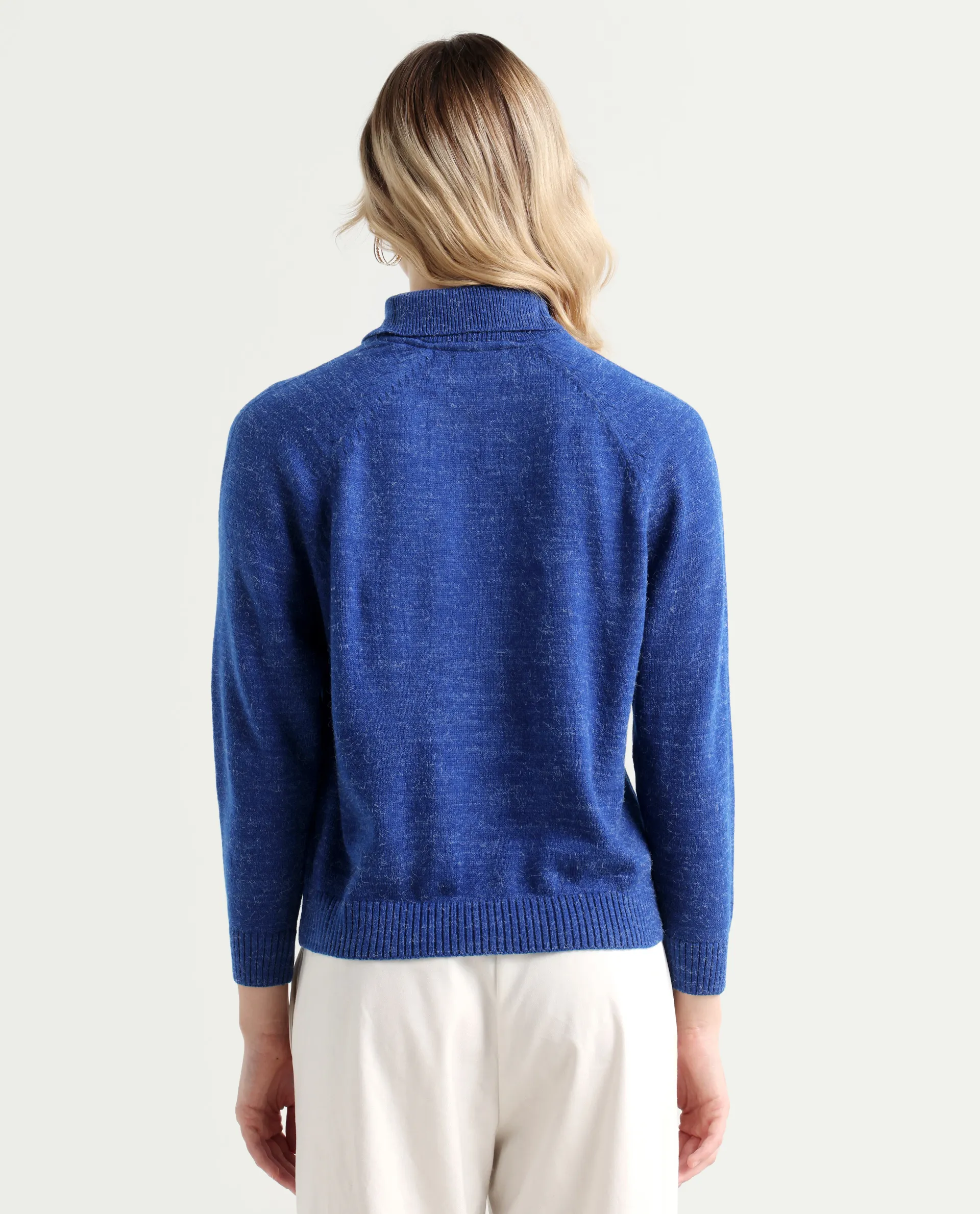 Rareism Women's Polish Blue Acrylic Spread Collar Plain Knee Length Regular Fit Sweater - Image 8