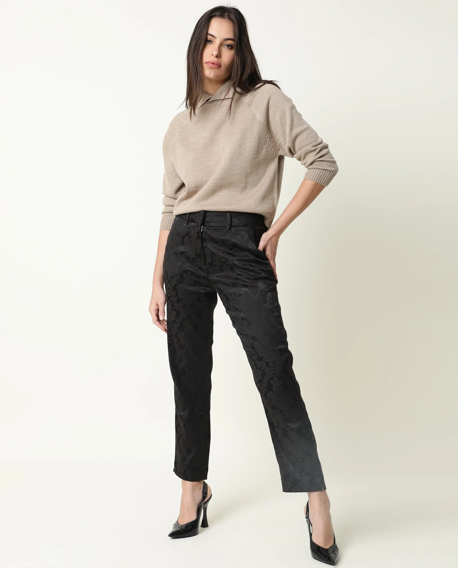 Rareism Women's Polish Beige Acrylic Spread Collar Plain Knee Length Regular Fit Sweater - Image 2