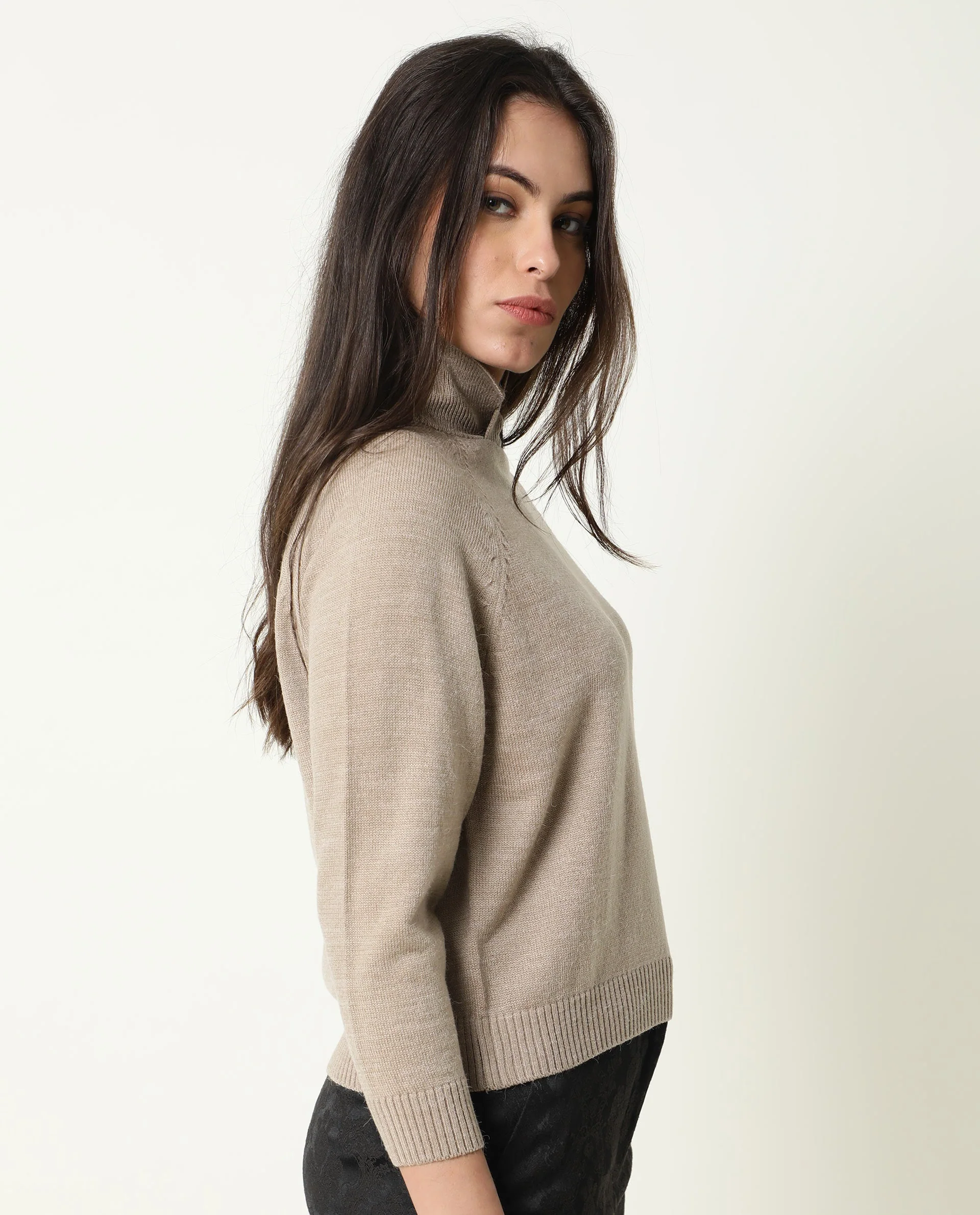 Rareism Women's Polish Beige Acrylic Spread Collar Plain Knee Length Regular Fit Sweater - Image 3