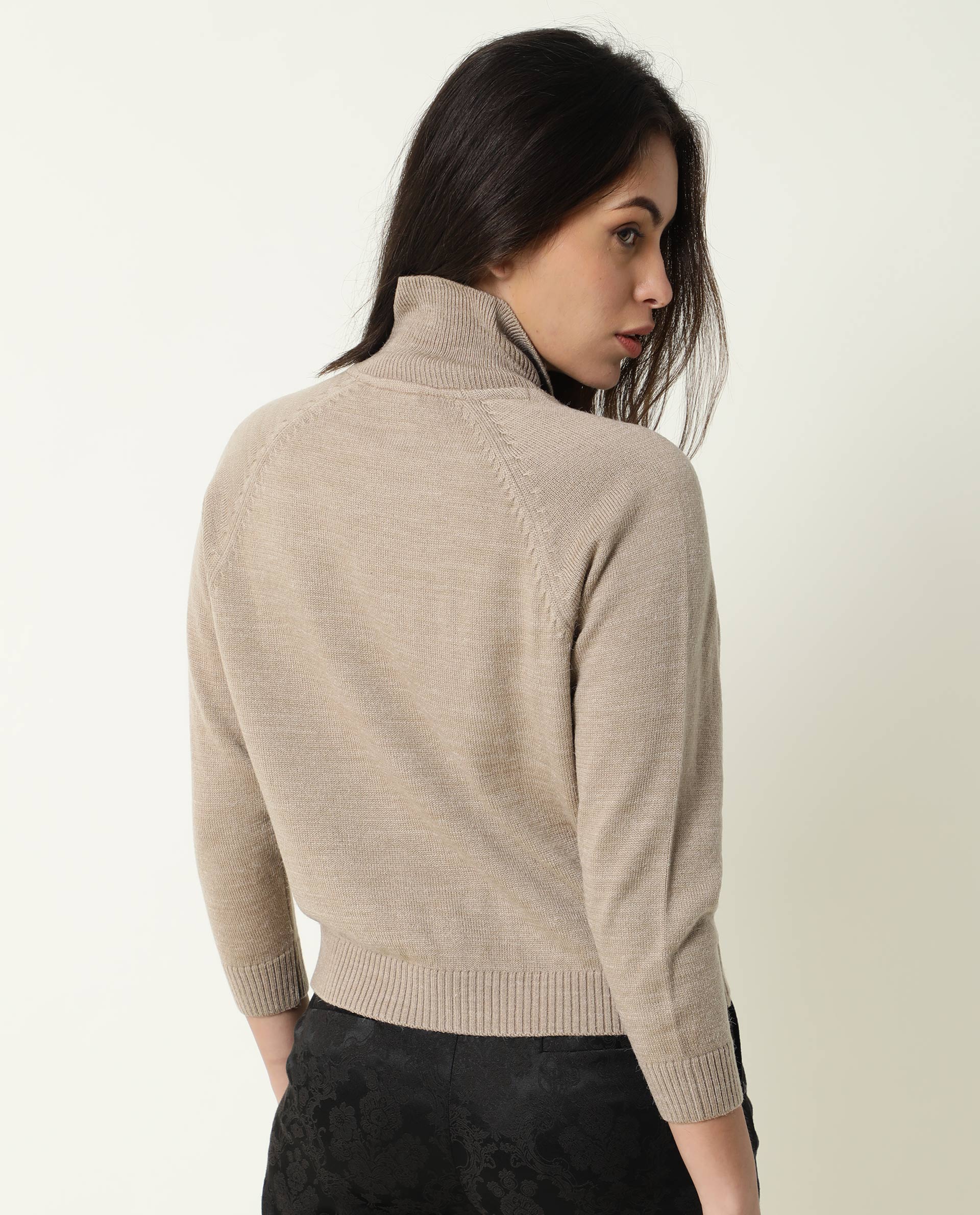 Rareism Women's Polish Beige Acrylic Spread Collar Plain Knee Length Regular Fit Sweater - Image 4