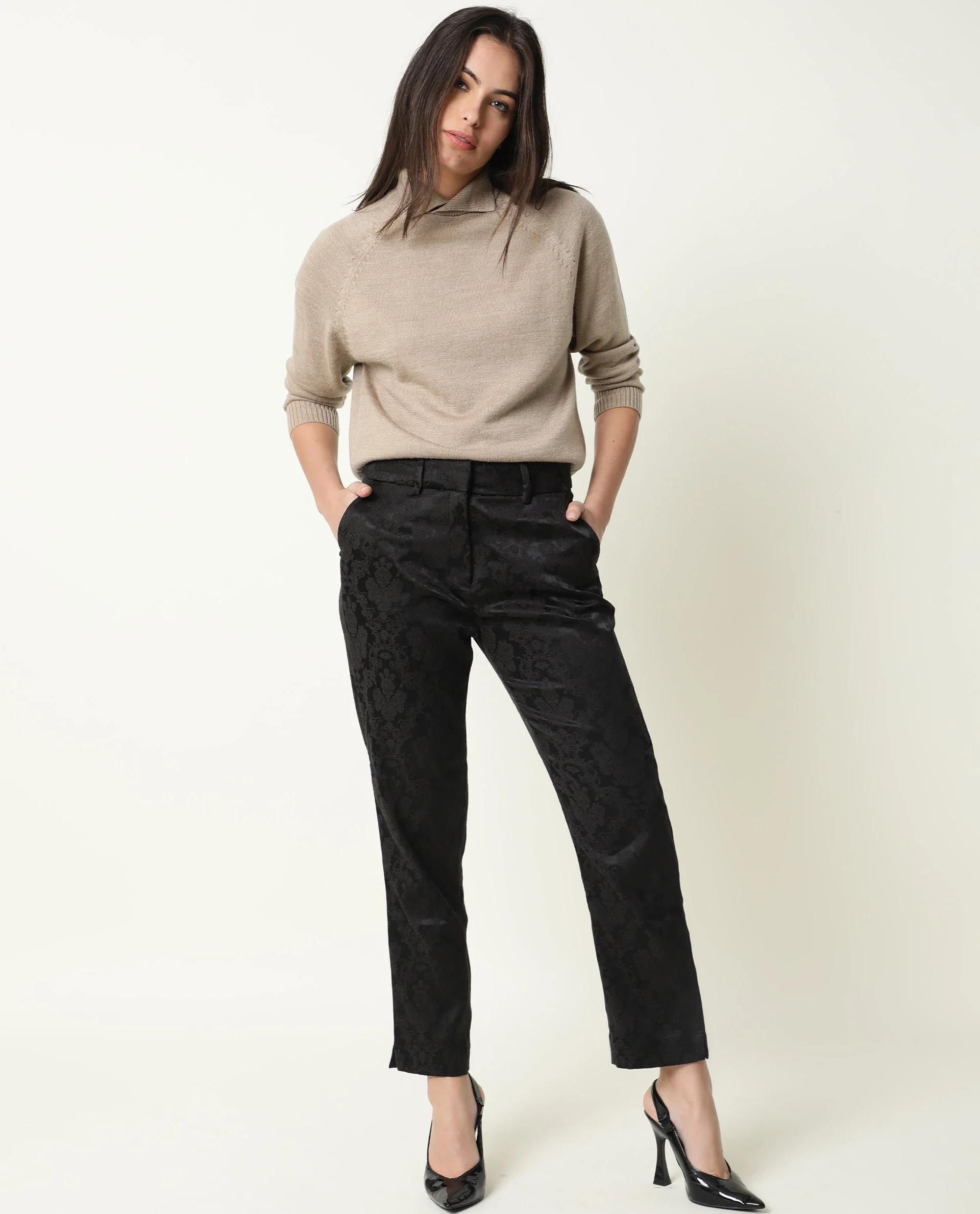 Rareism Women's Polish Beige Acrylic Spread Collar Plain Knee Length Regular Fit Sweater - Image 5