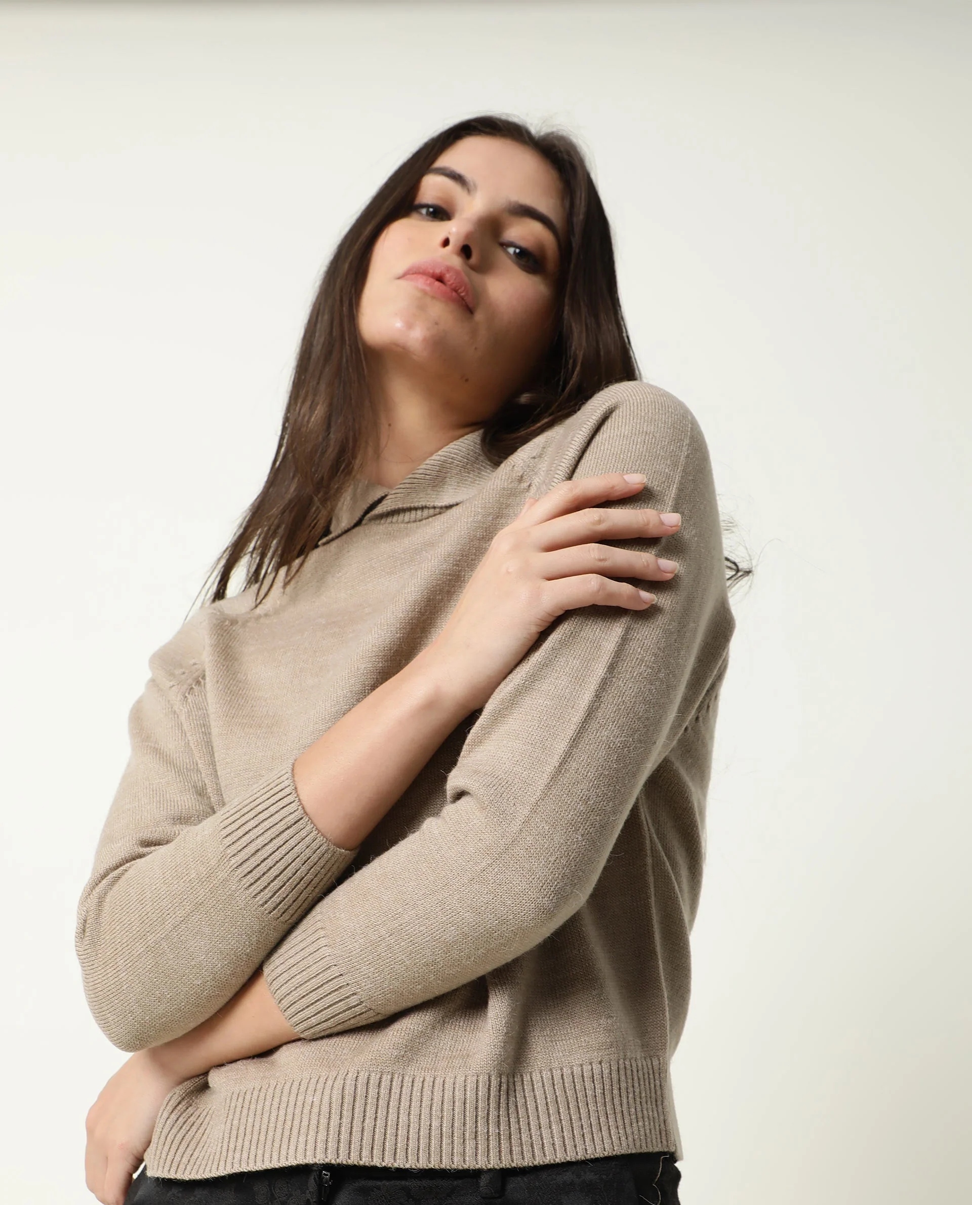 Rareism Women's Polish Beige Acrylic Spread Collar Plain Knee Length Regular Fit Sweater - Image 7