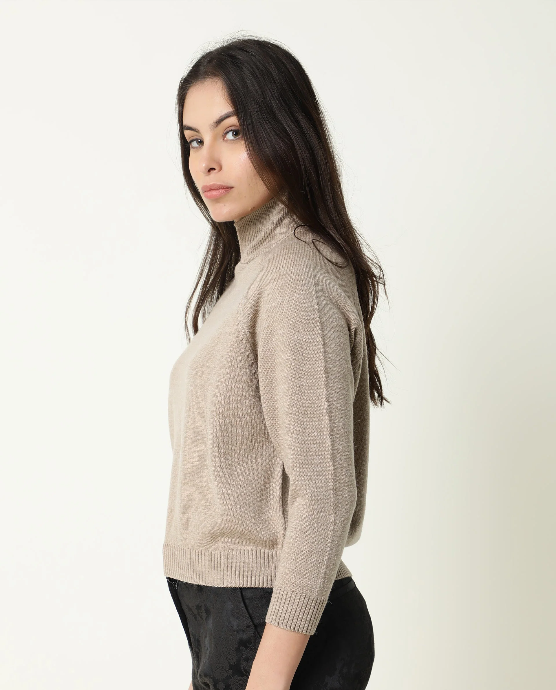 Rareism Women's Polish Beige Acrylic Spread Collar Plain Knee Length Regular Fit Sweater - Image 8