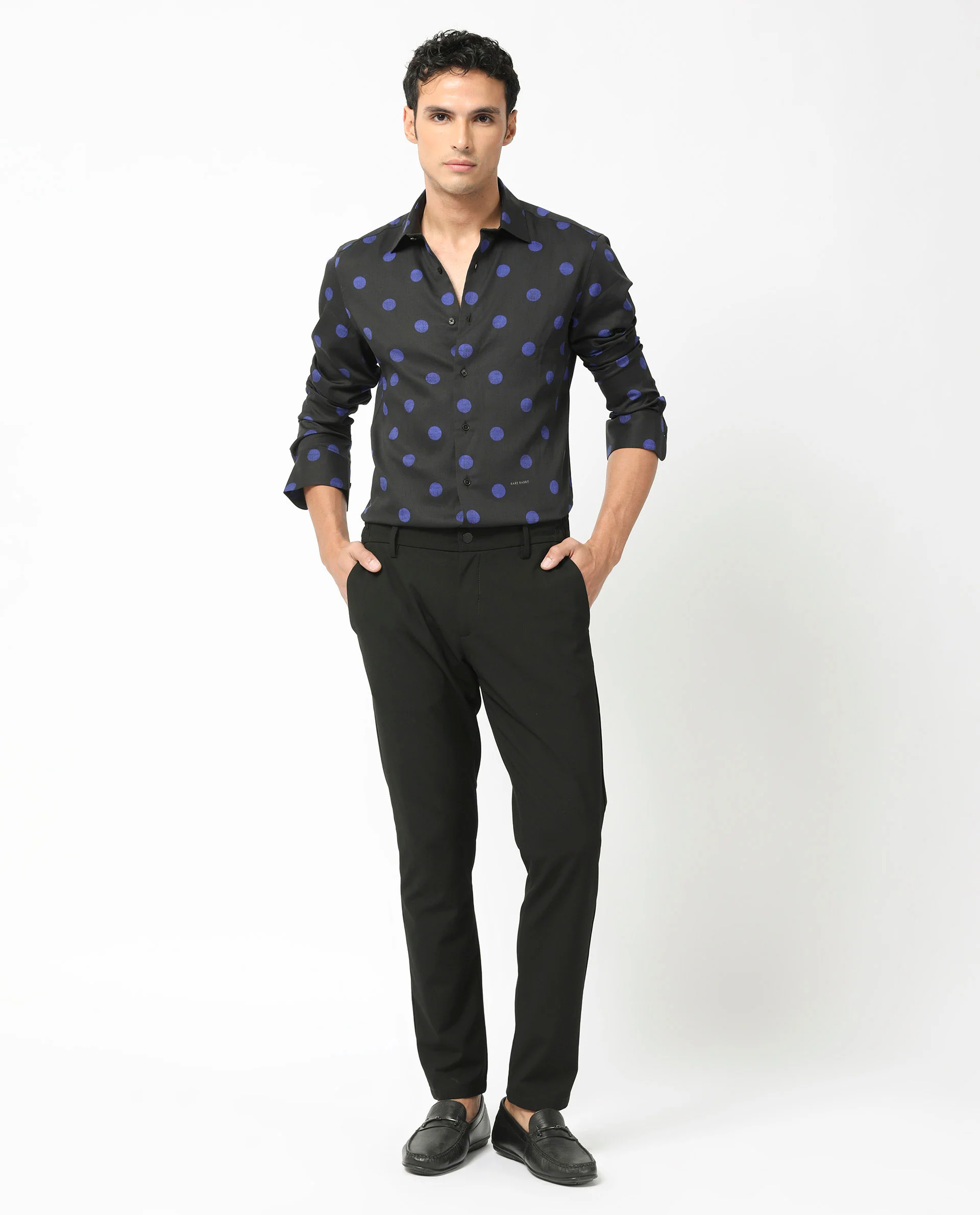 Rare Rabbit Men's Polko Black Modal Polka Print Regular Fit Full Sleeve Collared Shirt - Image 2