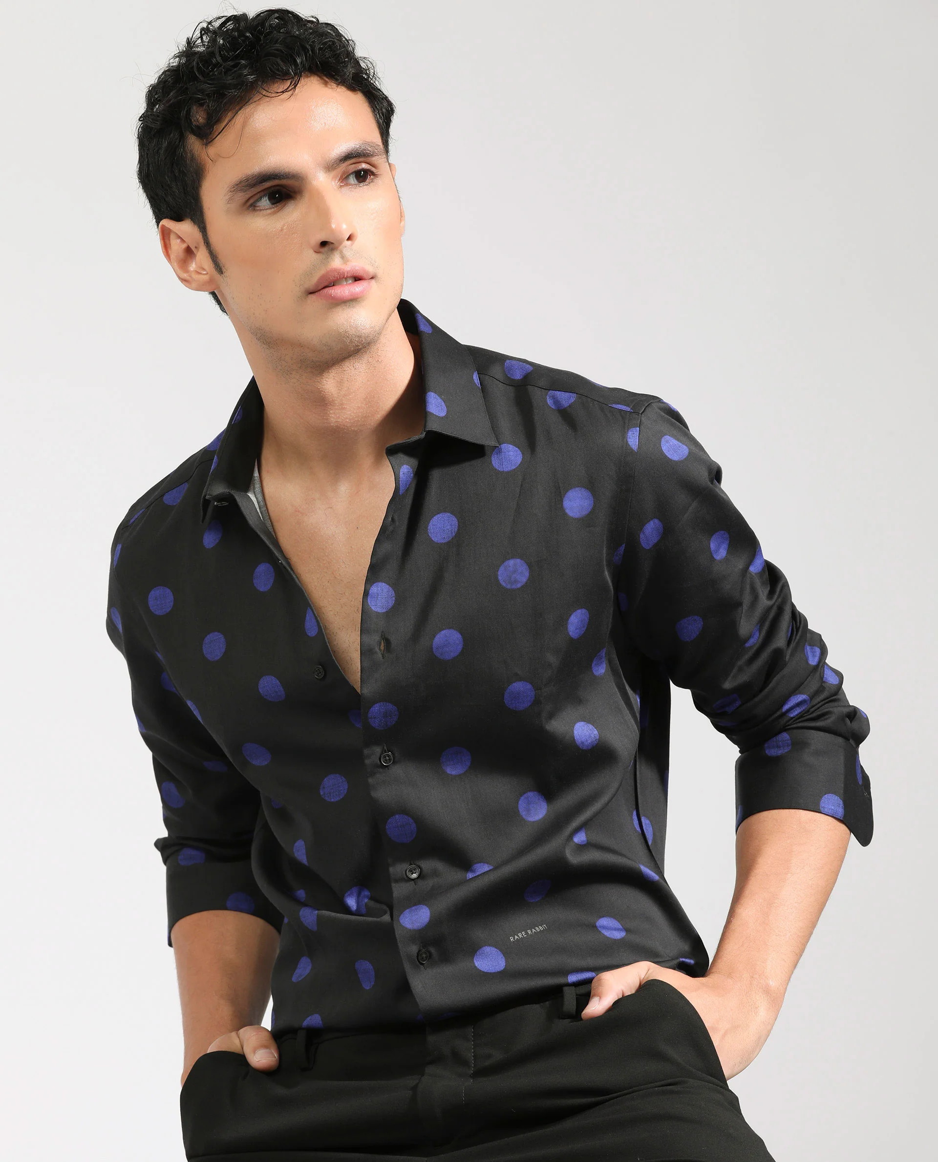 Rare Rabbit Men's Polko Black Modal Polka Print Regular Fit Full Sleeve Collared Shirt - Image 3