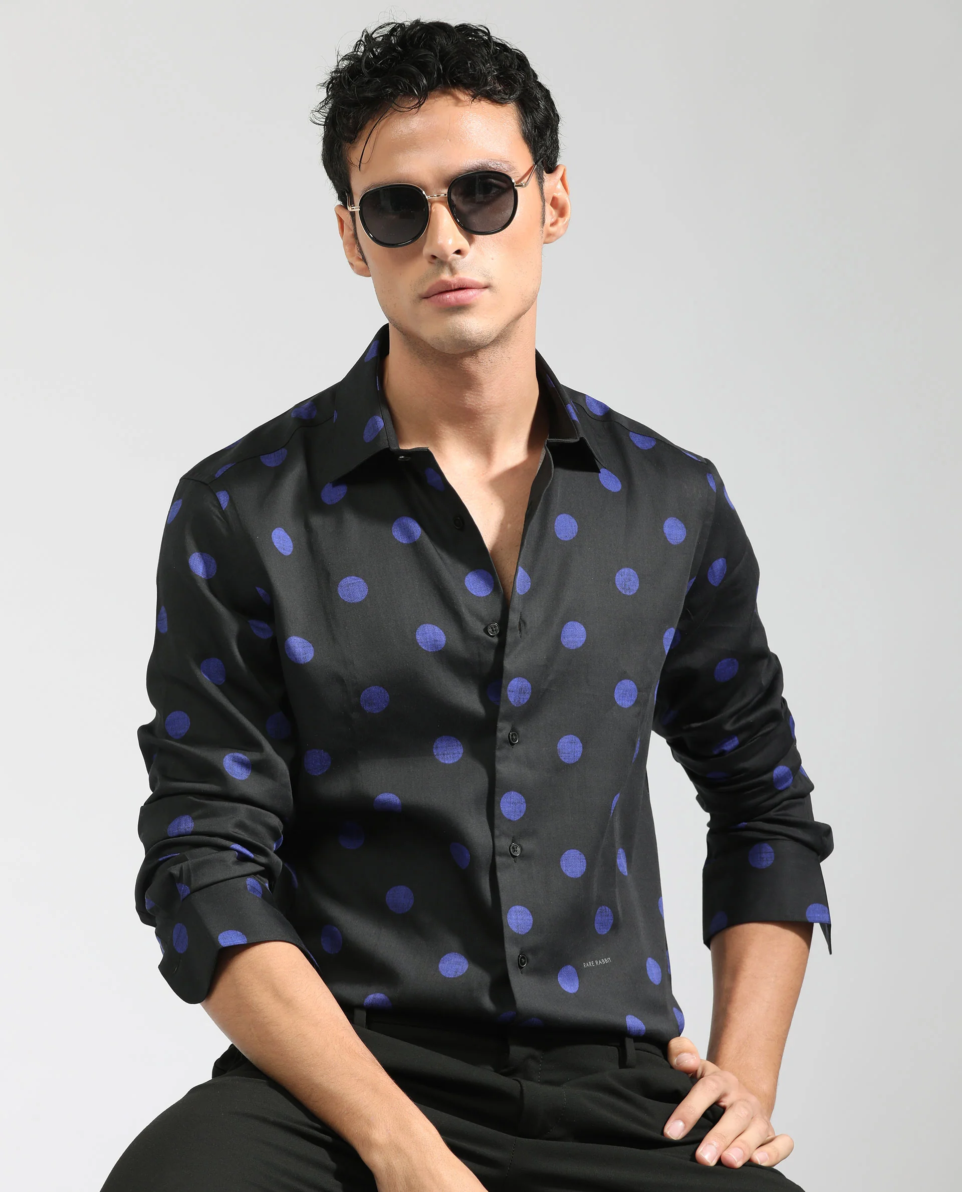 Rare Rabbit Men's Polko Black Modal Polka Print Regular Fit Full Sleeve Collared Shirt - Image 7