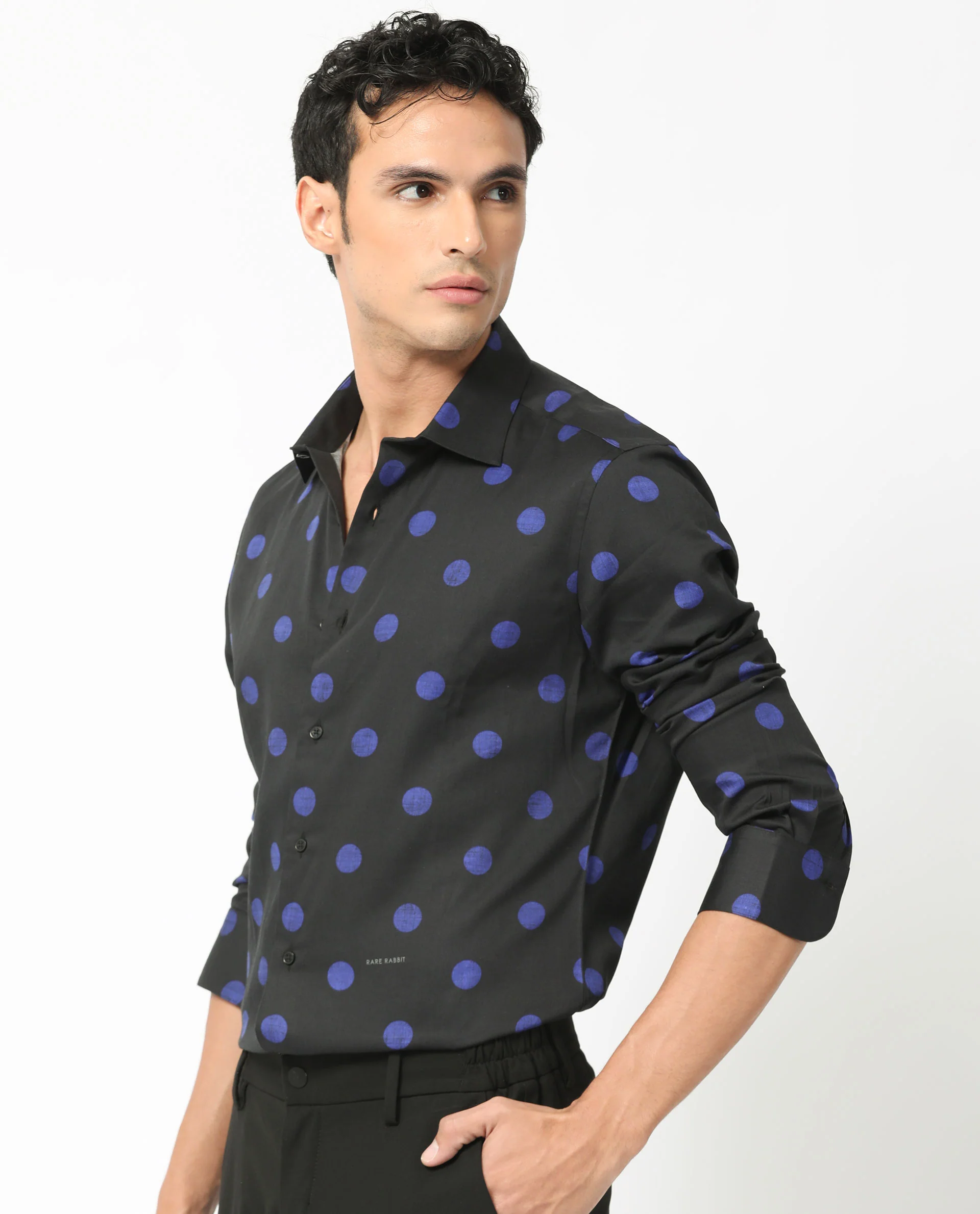 Rare Rabbit Men's Polko Black Modal Polka Print Regular Fit Full Sleeve Collared Shirt - Image 8