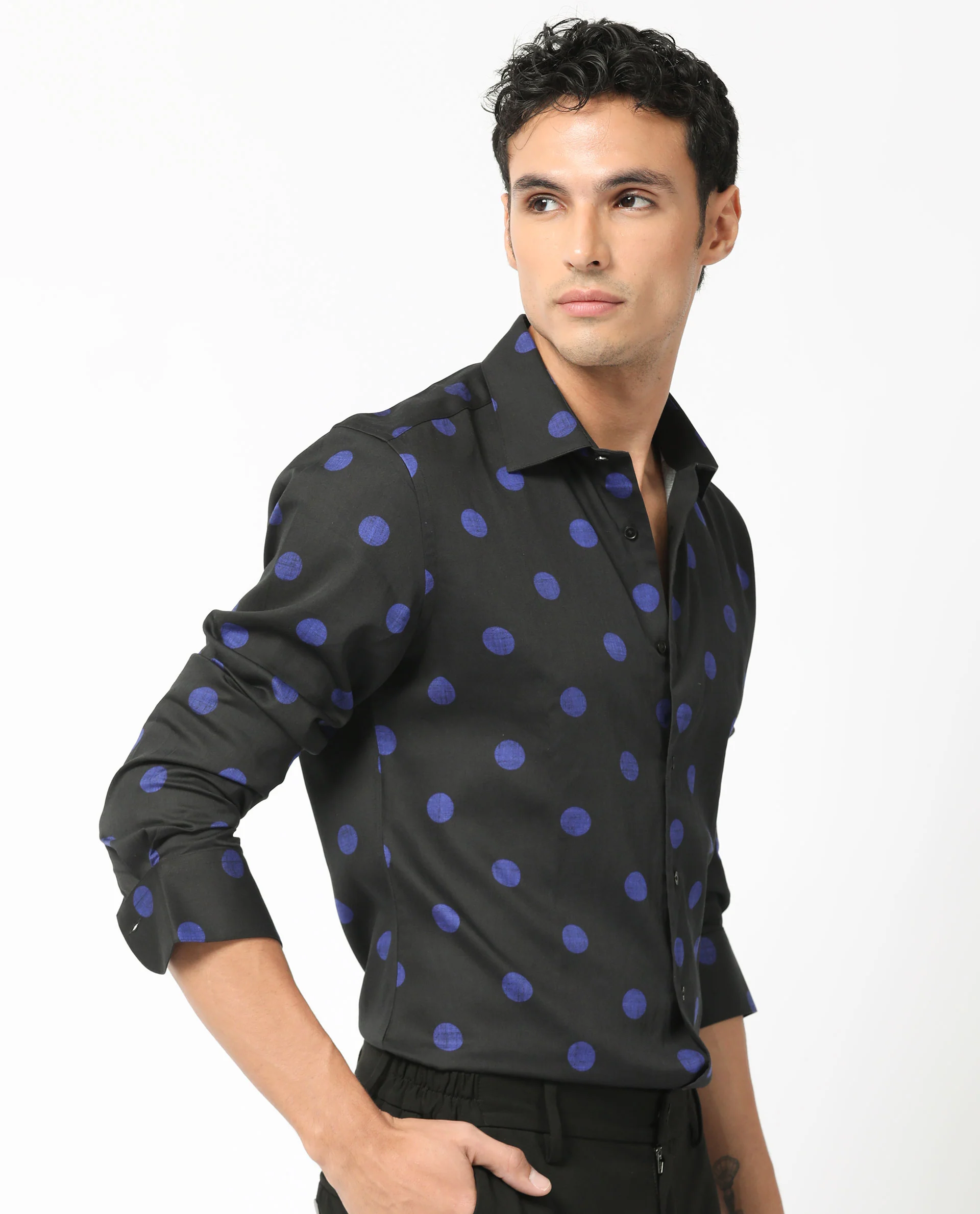 Rare Rabbit Men's Polko Black Modal Polka Print Regular Fit Full Sleeve Collared Shirt - Image 9