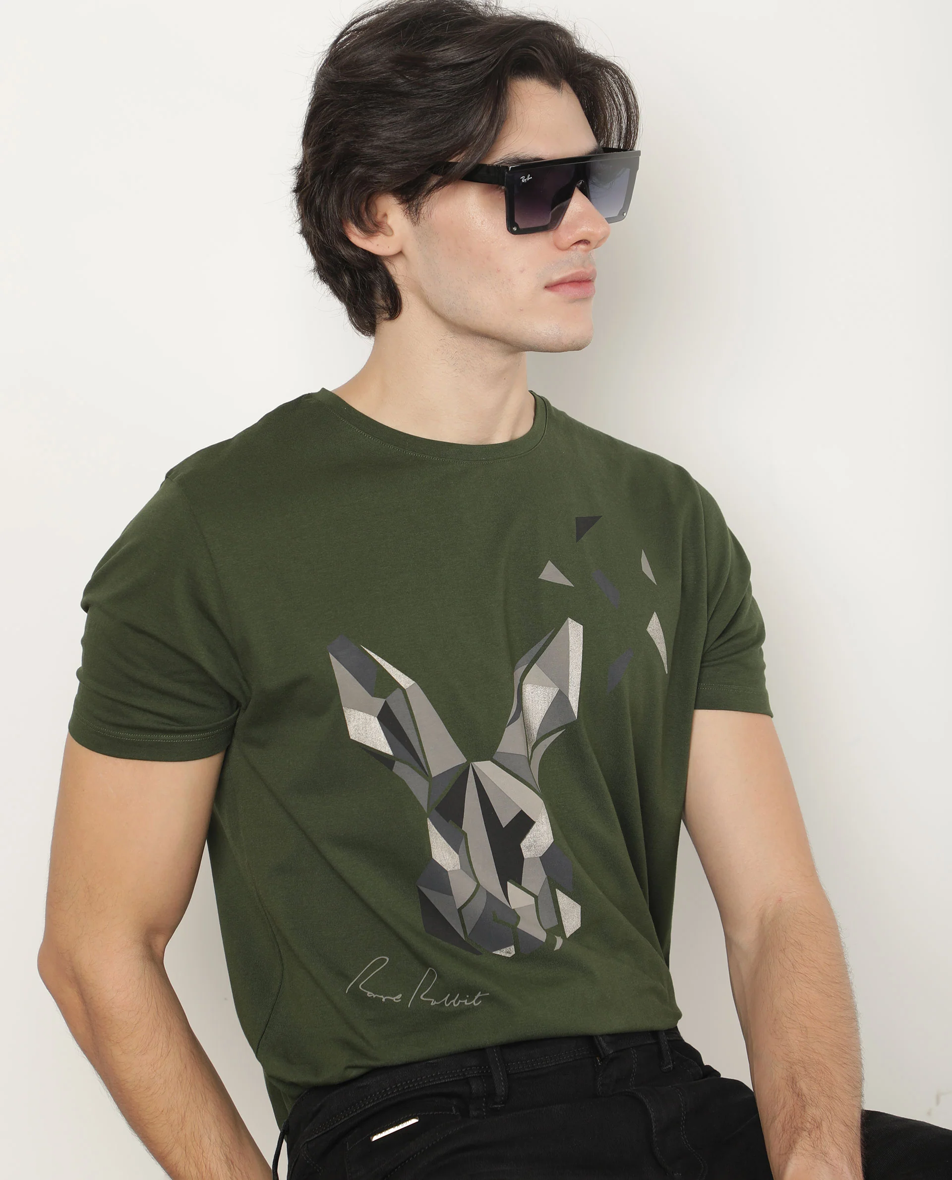Rare Rabbit Men's Polys 3 Green Cotton Graphic Print Slim Fit Half Sleeve Crew Neck T-Shirt - Image 2