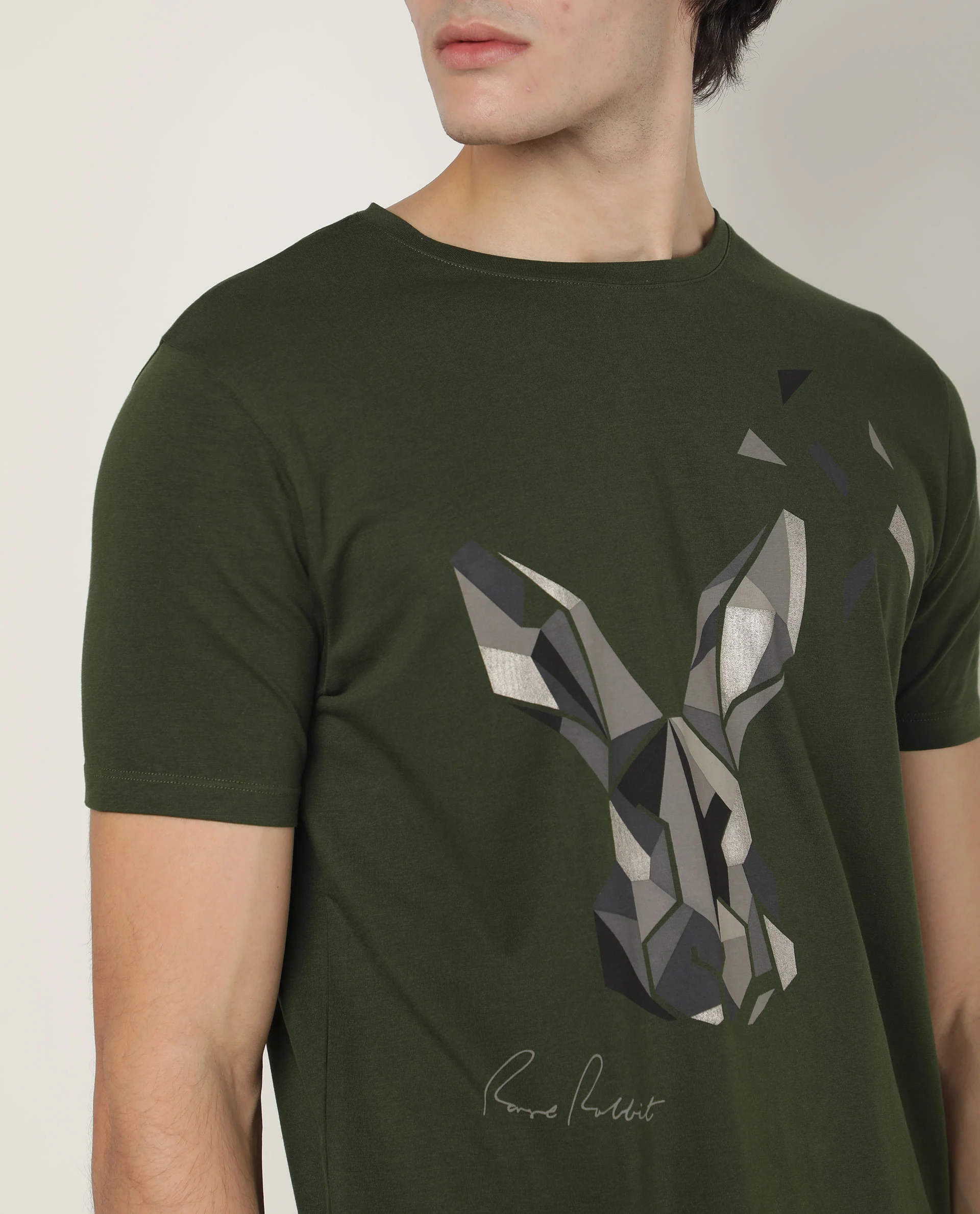 Rare Rabbit Men's Polys 3 Green Cotton Graphic Print Slim Fit Half Sleeve Crew Neck T-Shirt - Image 3