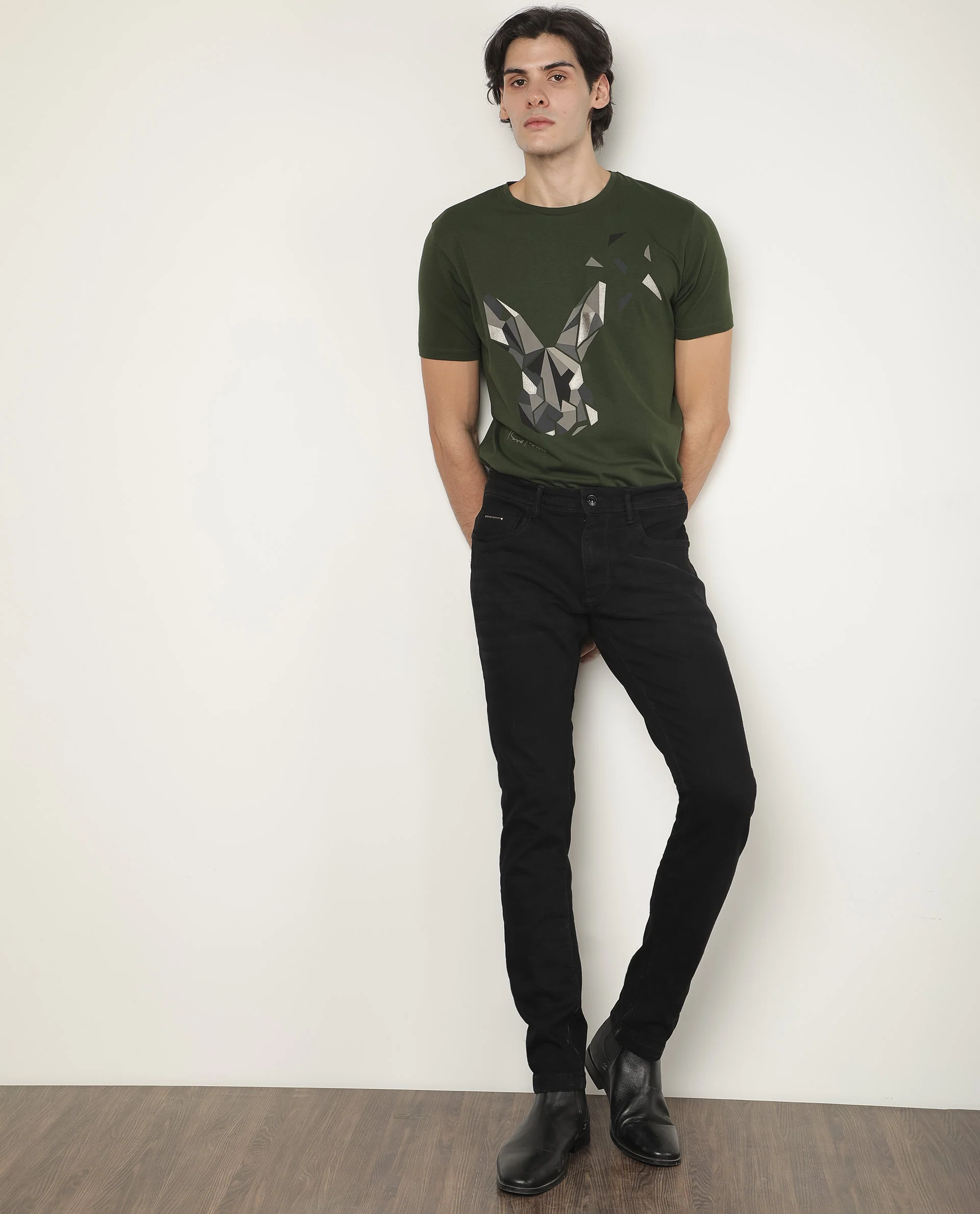 Rare Rabbit Men's Polys 3 Green Cotton Graphic Print Slim Fit Half Sleeve Crew Neck T-Shirt - Image 4