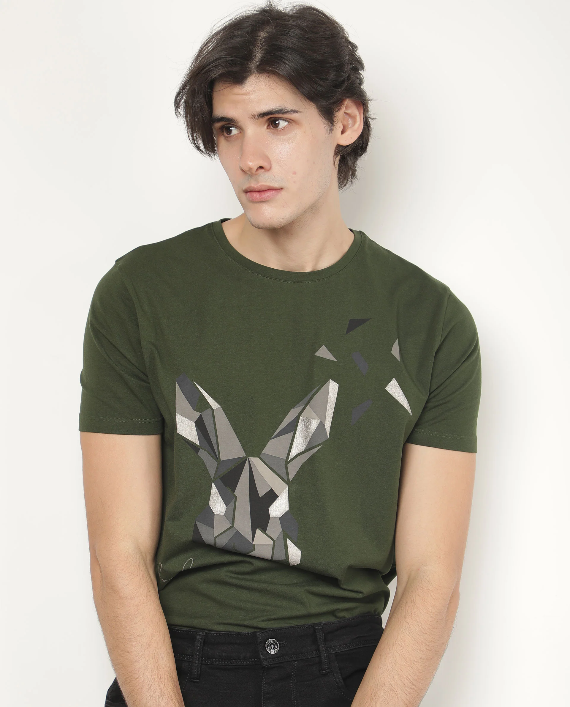Rare Rabbit Men's Polys 3 Green Cotton Graphic Print Slim Fit Half Sleeve Crew Neck T-Shirt - Image 5