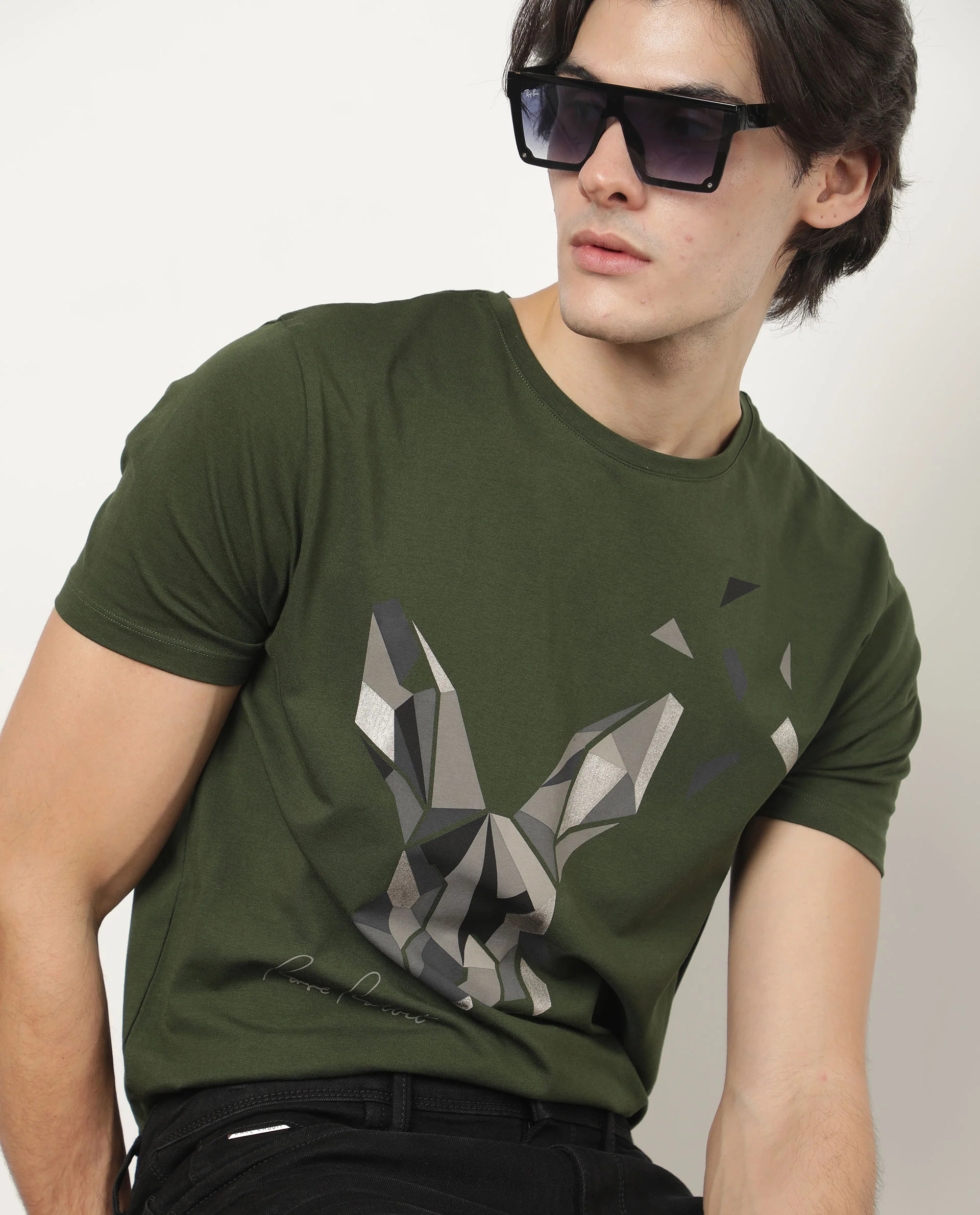 Rare Rabbit Men's Polys 3 Green Cotton Graphic Print Slim Fit Half Sleeve Crew Neck T-Shirt - Image 6