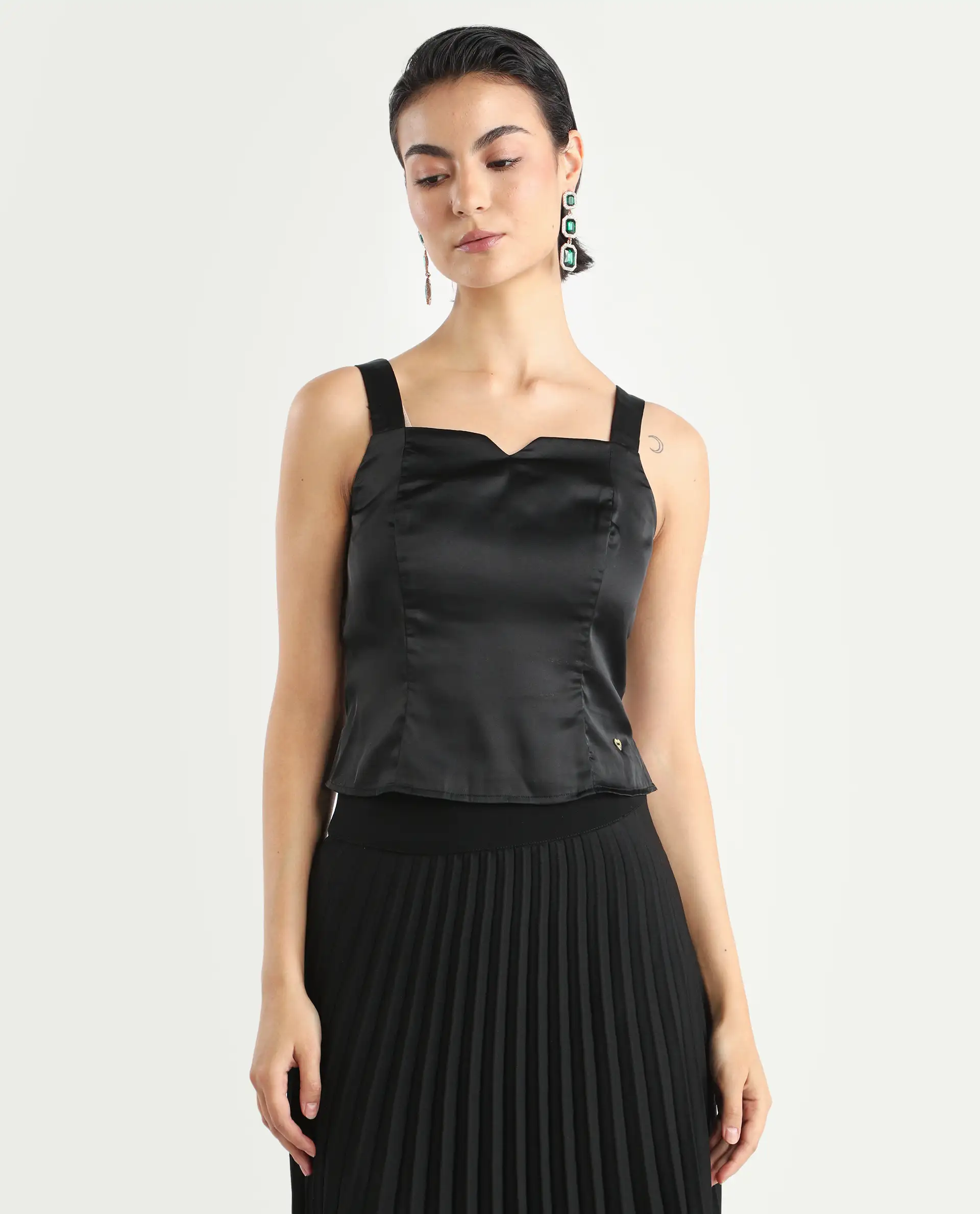 Rareism Women's Polzo Black Polyester Tube Neck Plain Shoulder Strap Regular Fit Top - Image 3