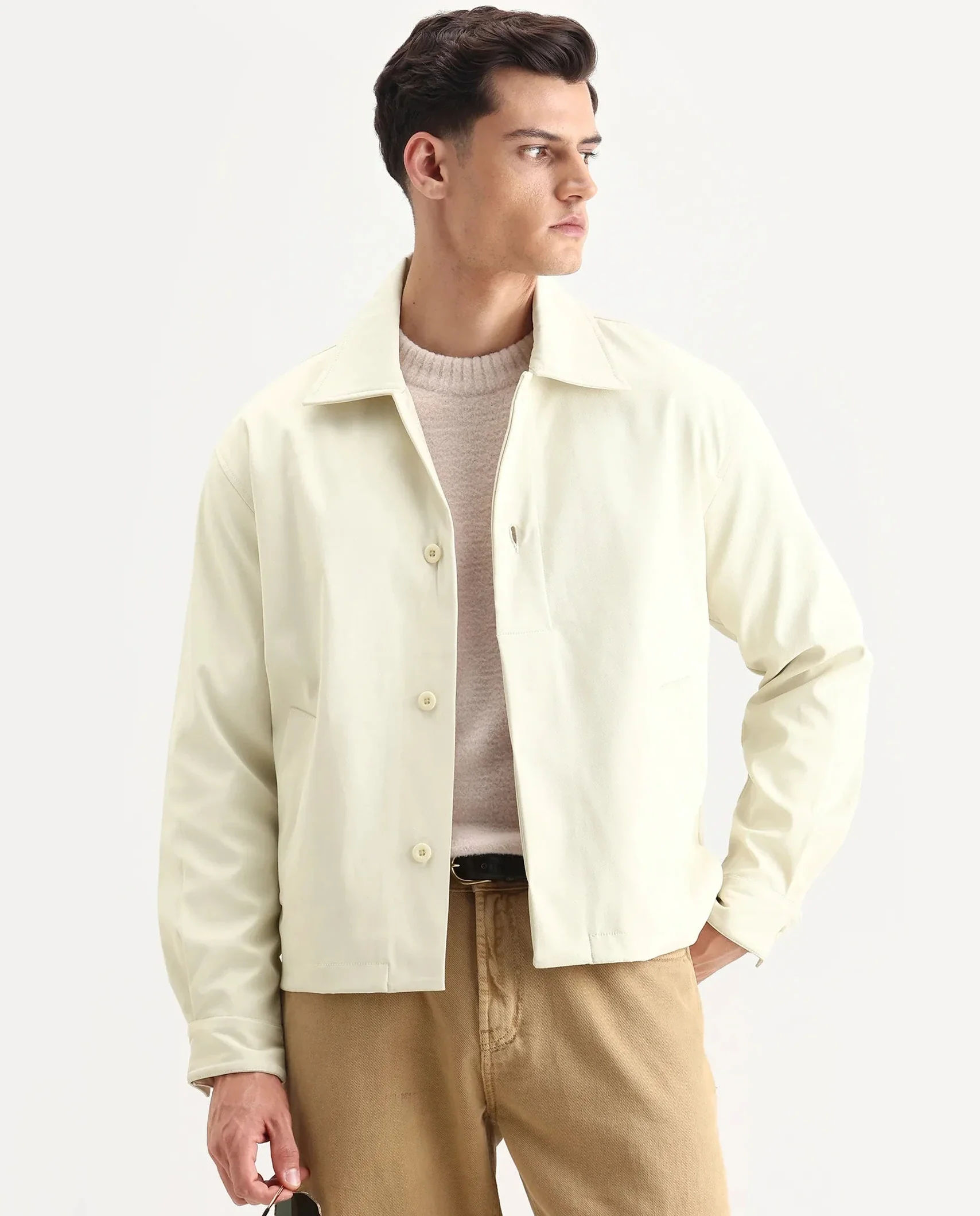 Rare Rabbit Men's Pomer Off White Polyester Fabric Collared Neck Relaxed Plain Jacket - Image 2