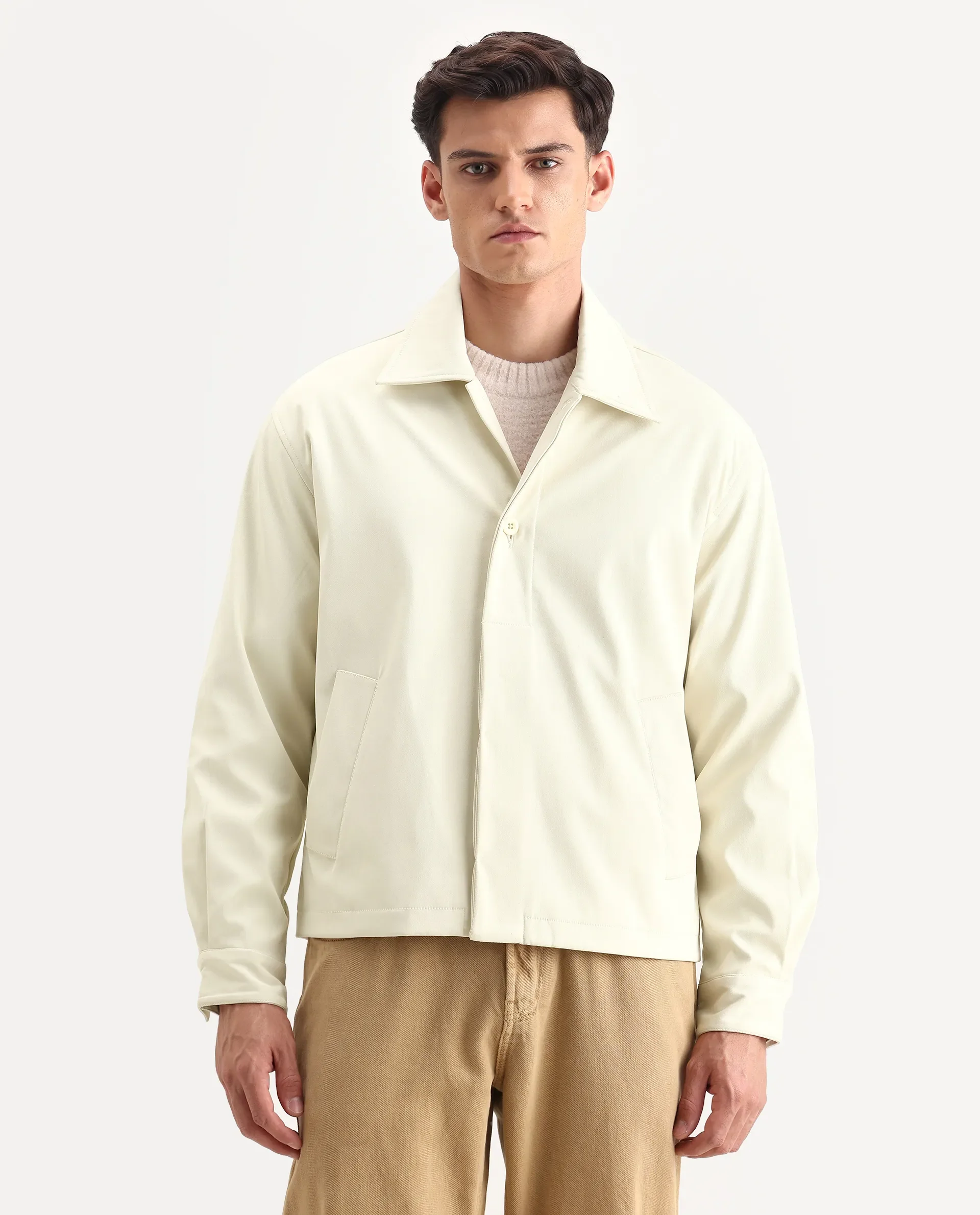 Rare Rabbit Men's Pomer Off White Polyester Fabric Collared Neck Relaxed Plain Jacket - Image 4