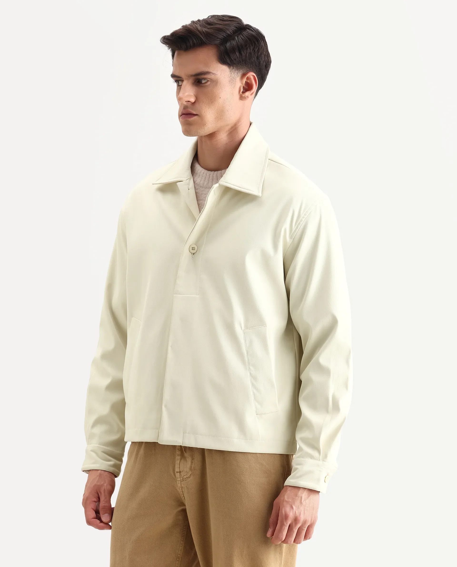 Rare Rabbit Men's Pomer Off White Polyester Fabric Collared Neck Relaxed Plain Jacket - Image 5