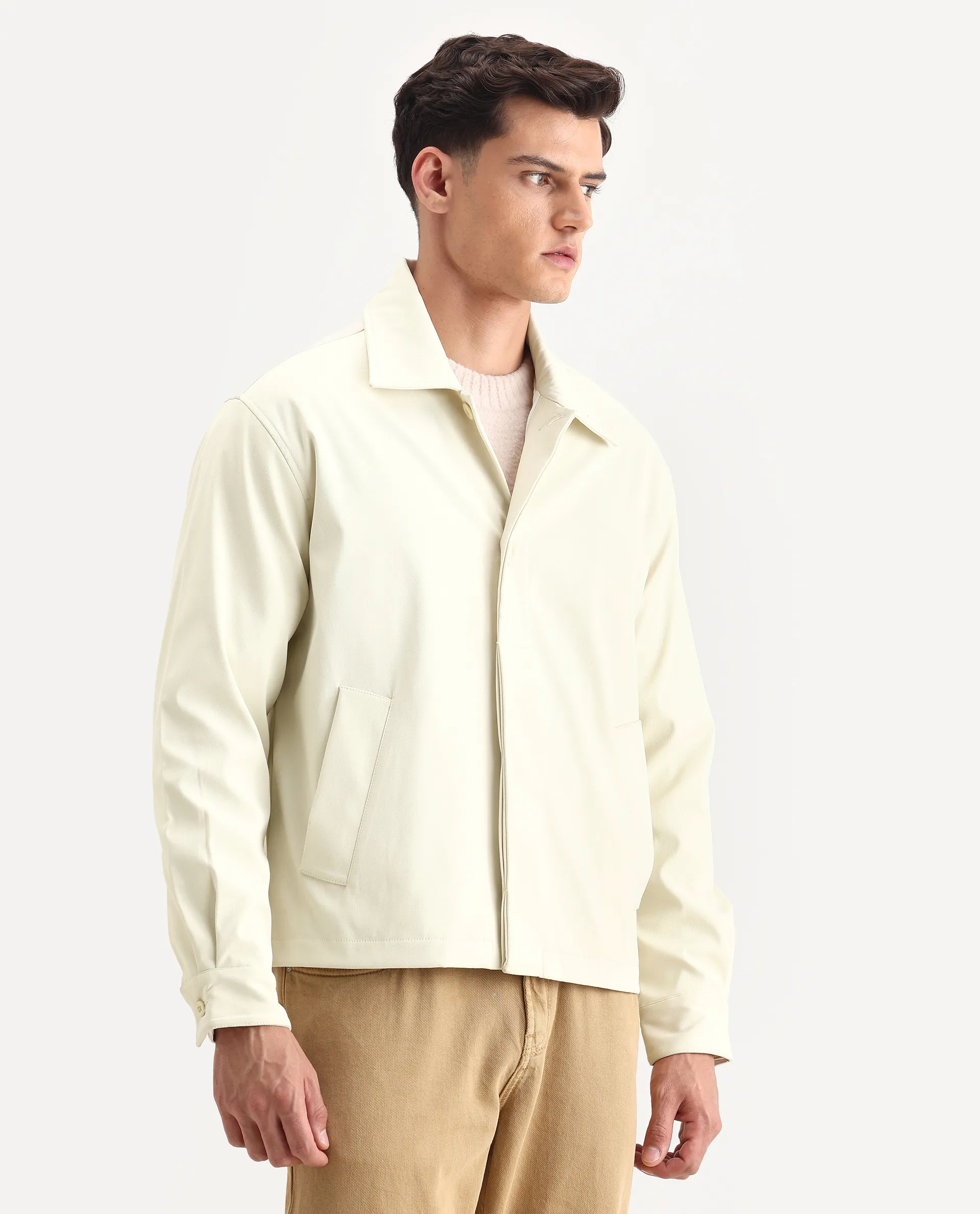 Rare Rabbit Men's Pomer Off White Polyester Fabric Collared Neck Relaxed Plain Jacket - Image 6