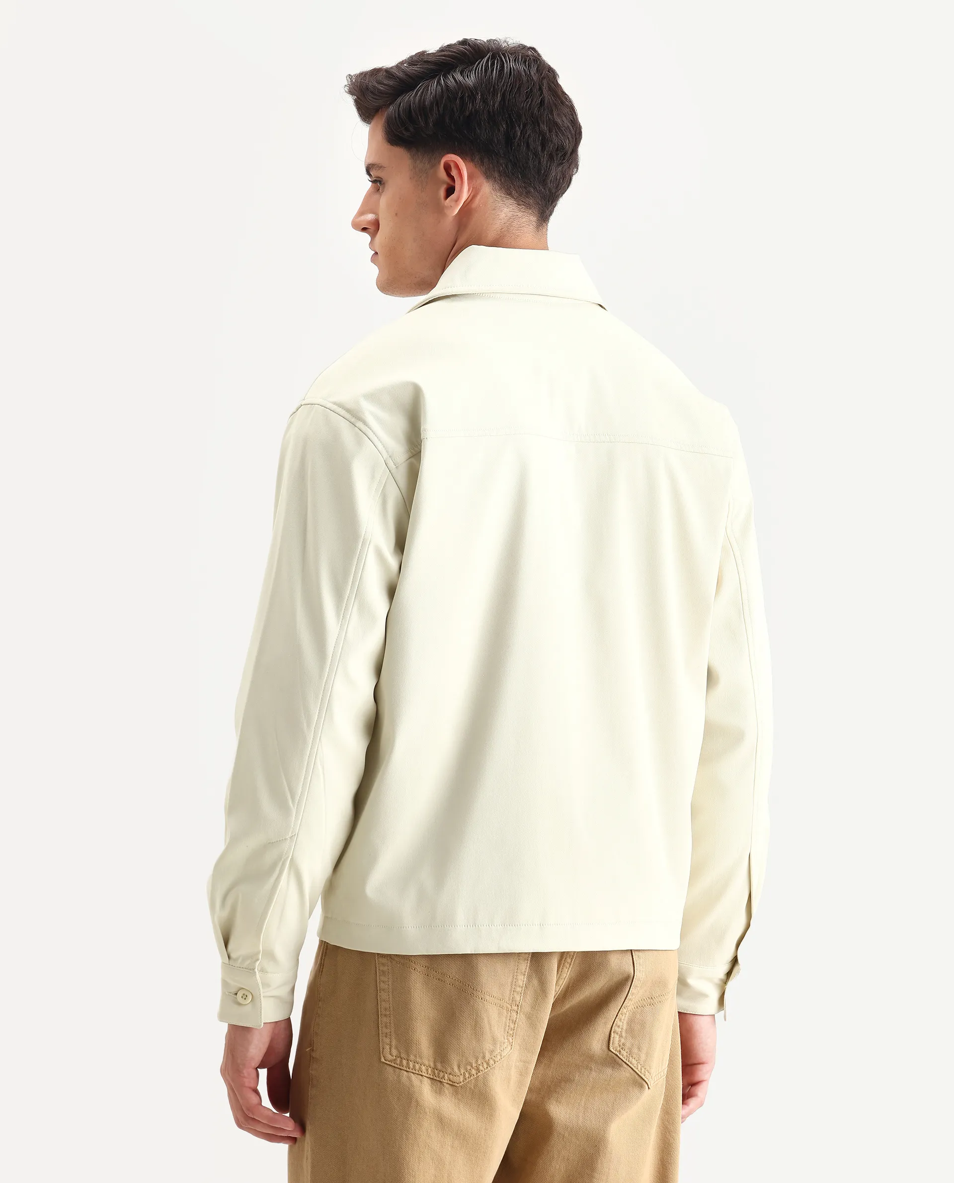 Rare Rabbit Men's Pomer Off White Polyester Fabric Collared Neck Relaxed Plain Jacket - Image 7