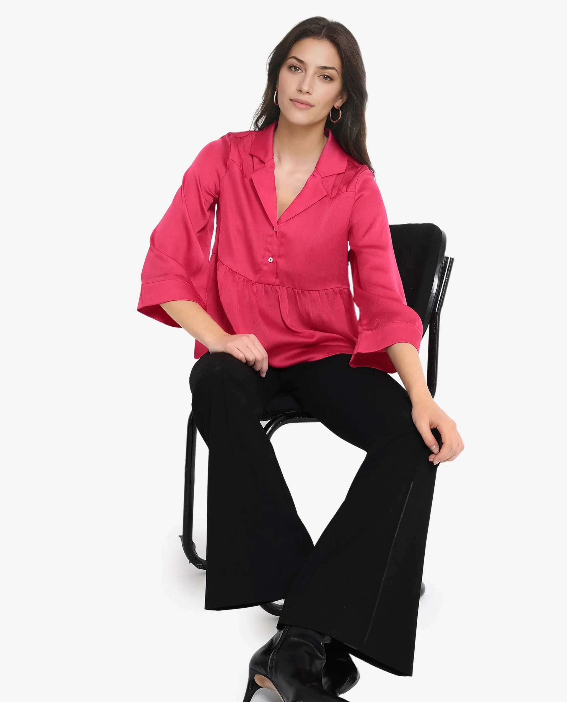 Rareism Women's Pomezia Dark Red Polyester Lapel Neck Plain Regular Fit Top - Image 3