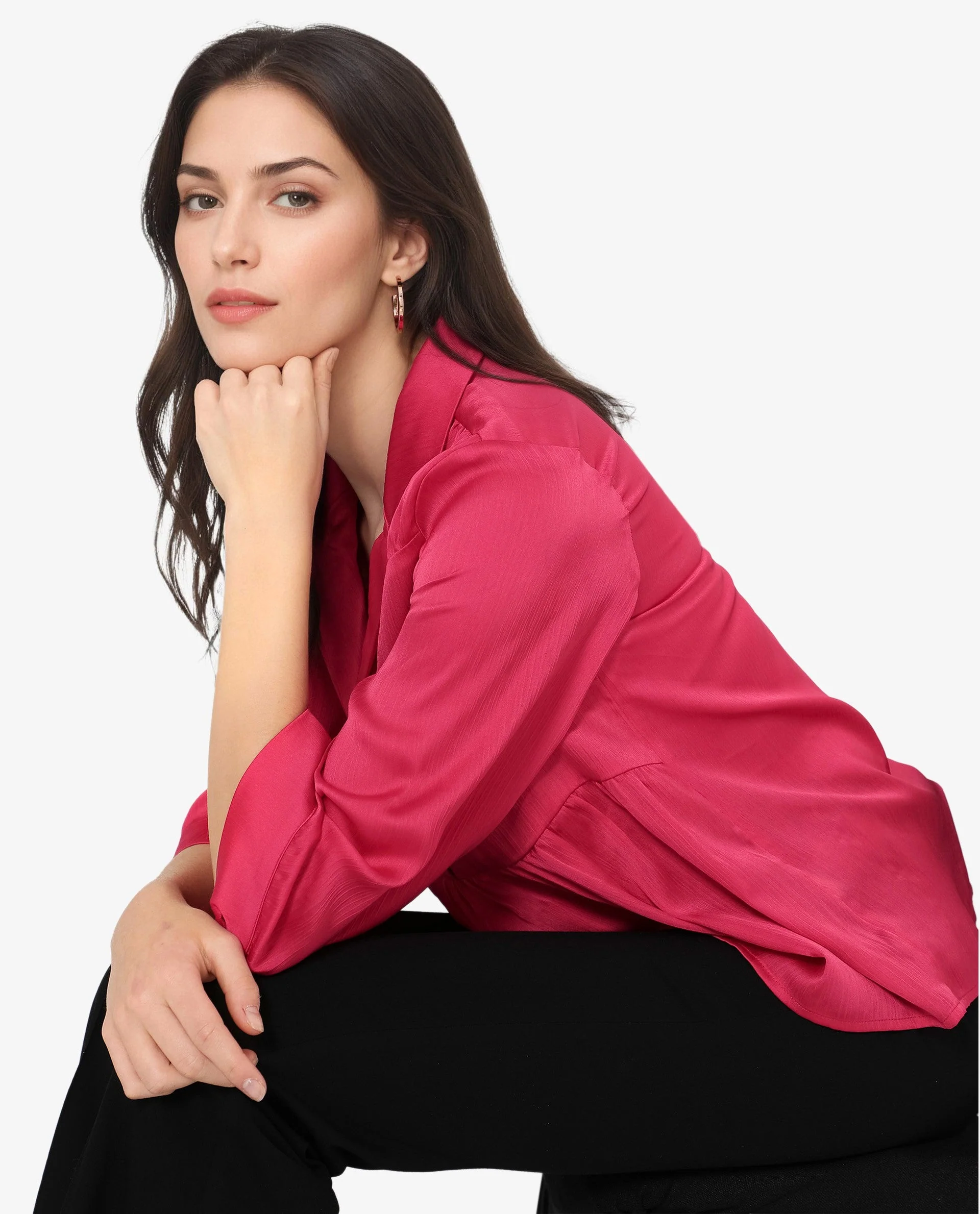 Rareism Women's Pomezia Dark Red Polyester Lapel Neck Plain Regular Fit Top - Image 4
