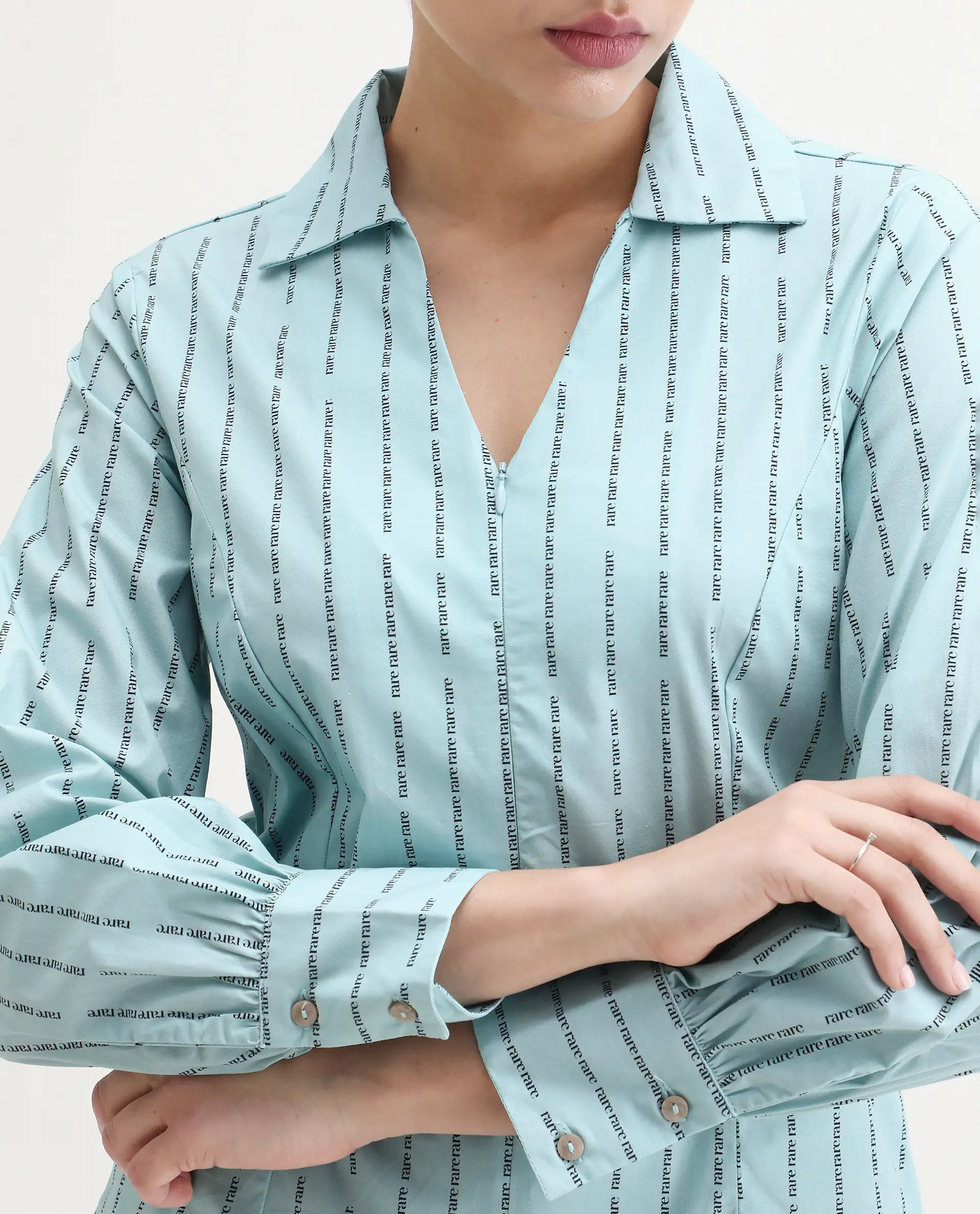Rareism Women's Pomo Light Blue Cotton Johnny Collar Typography Print Cuffed Sleeve Regular Fit Top - Image 3