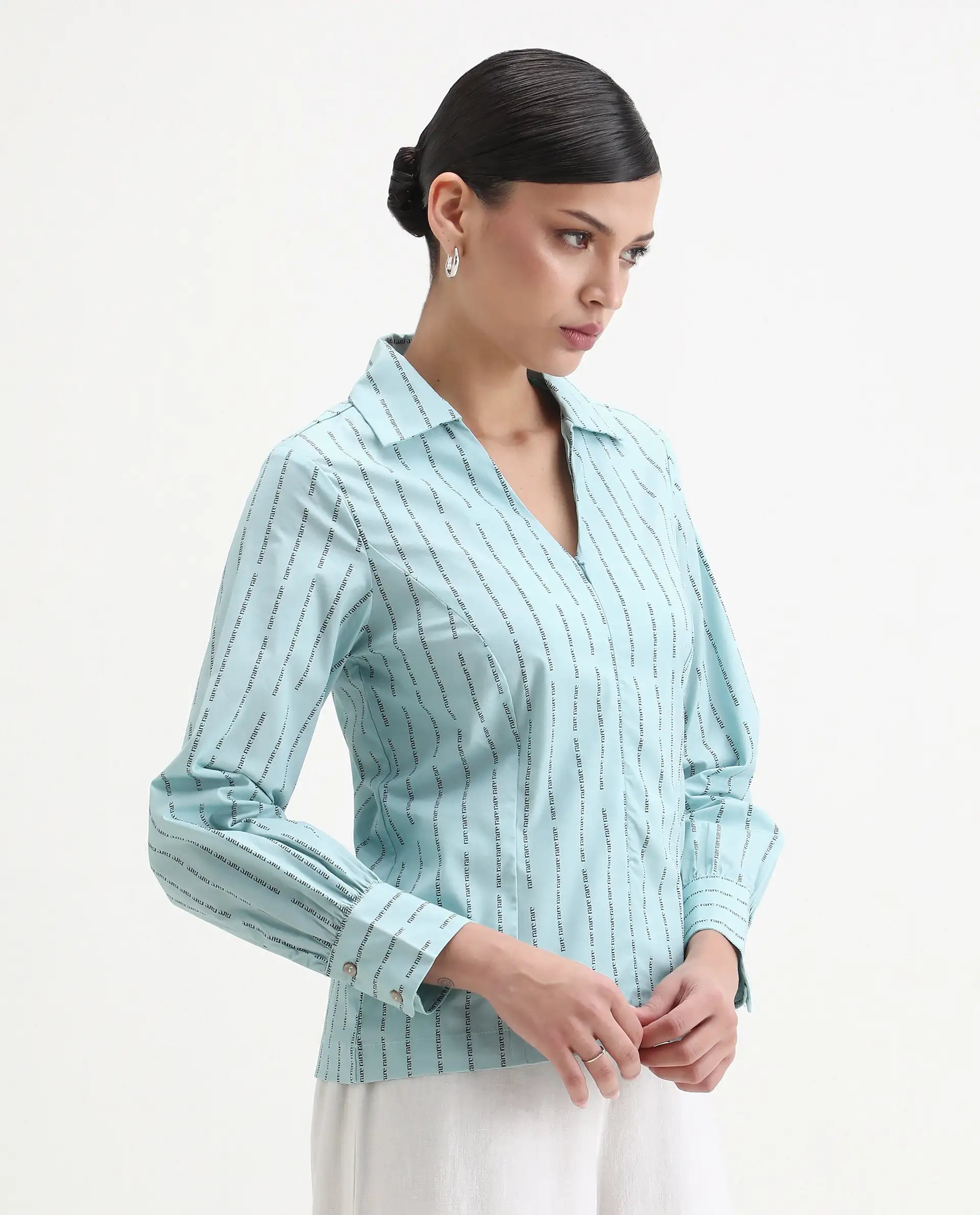 Rareism Women's Pomo Light Blue Cotton Johnny Collar Typography Print Cuffed Sleeve Regular Fit Top - Image 4