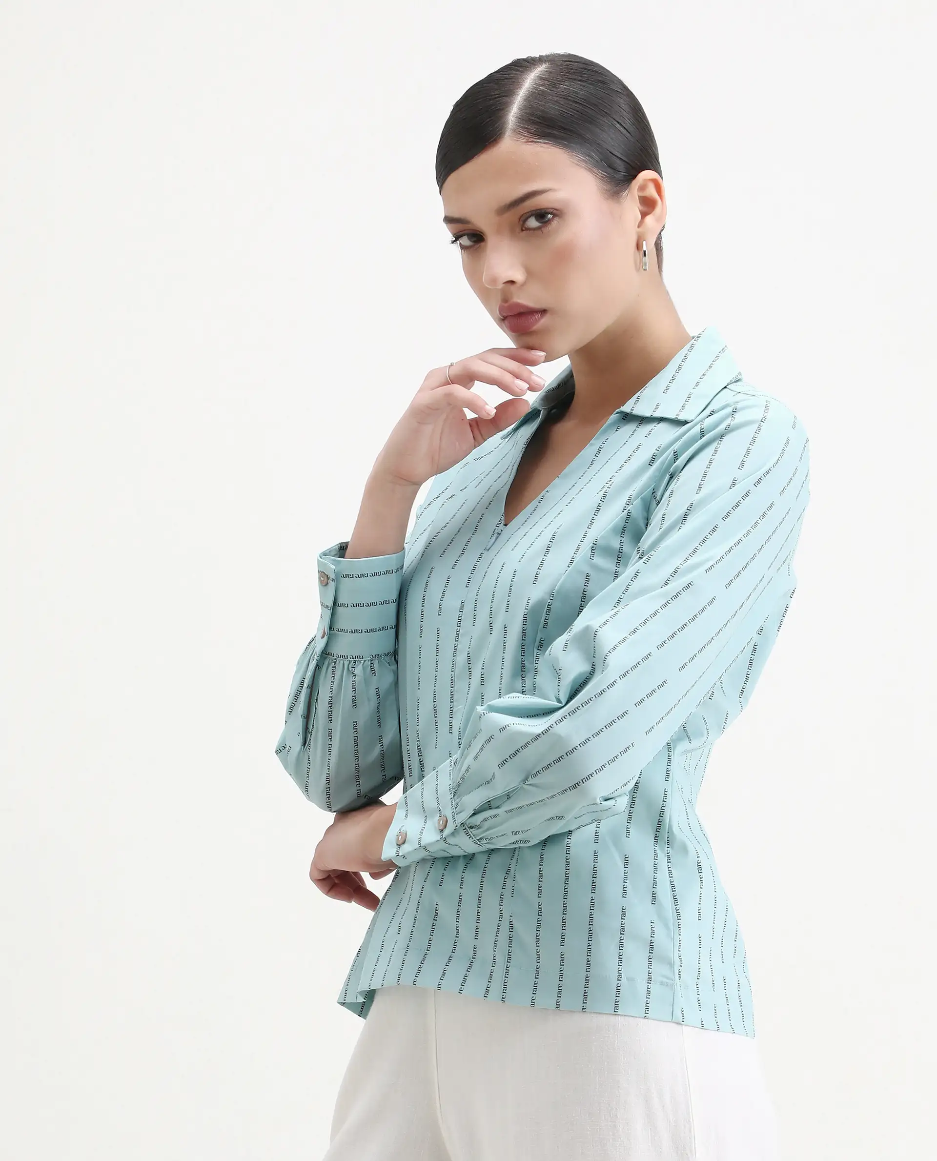 Rareism Women's Pomo Light Blue Cotton Johnny Collar Typography Print Cuffed Sleeve Regular Fit Top - Image 5