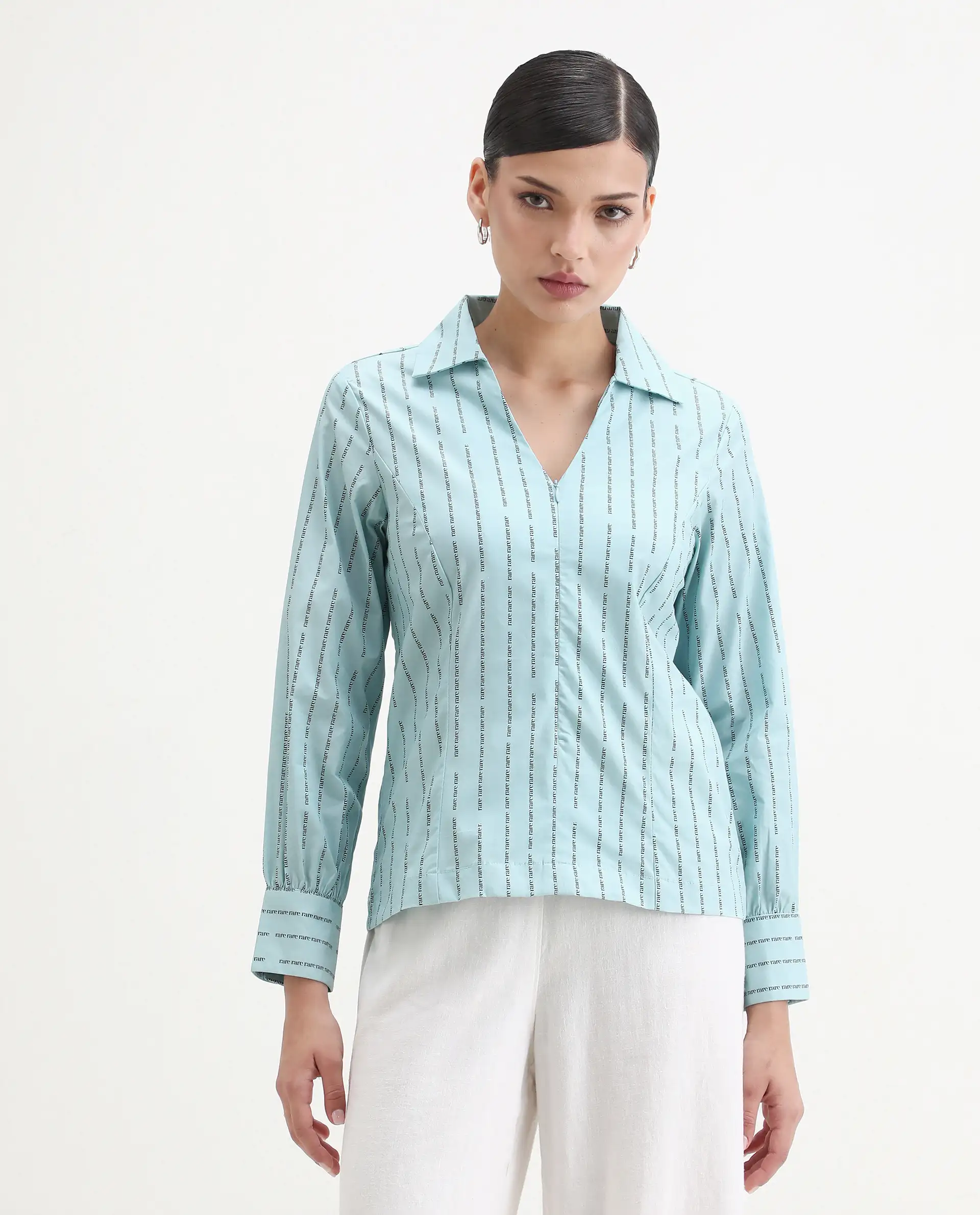 Rareism Women's Pomo Light Blue Cotton Johnny Collar Typography Print Cuffed Sleeve Regular Fit Top - Image 6