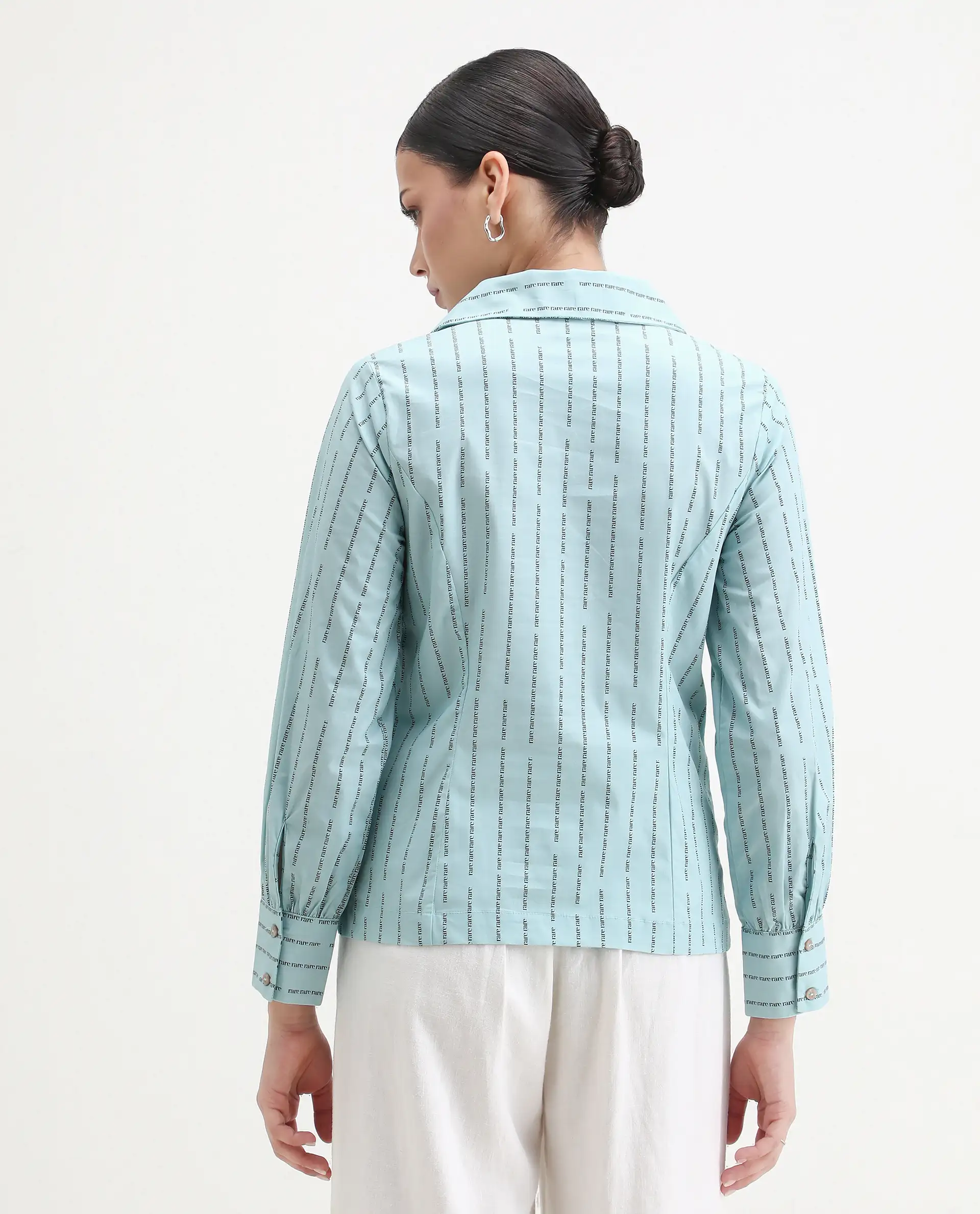 Rareism Women's Pomo Light Blue Cotton Johnny Collar Typography Print Cuffed Sleeve Regular Fit Top - Image 7