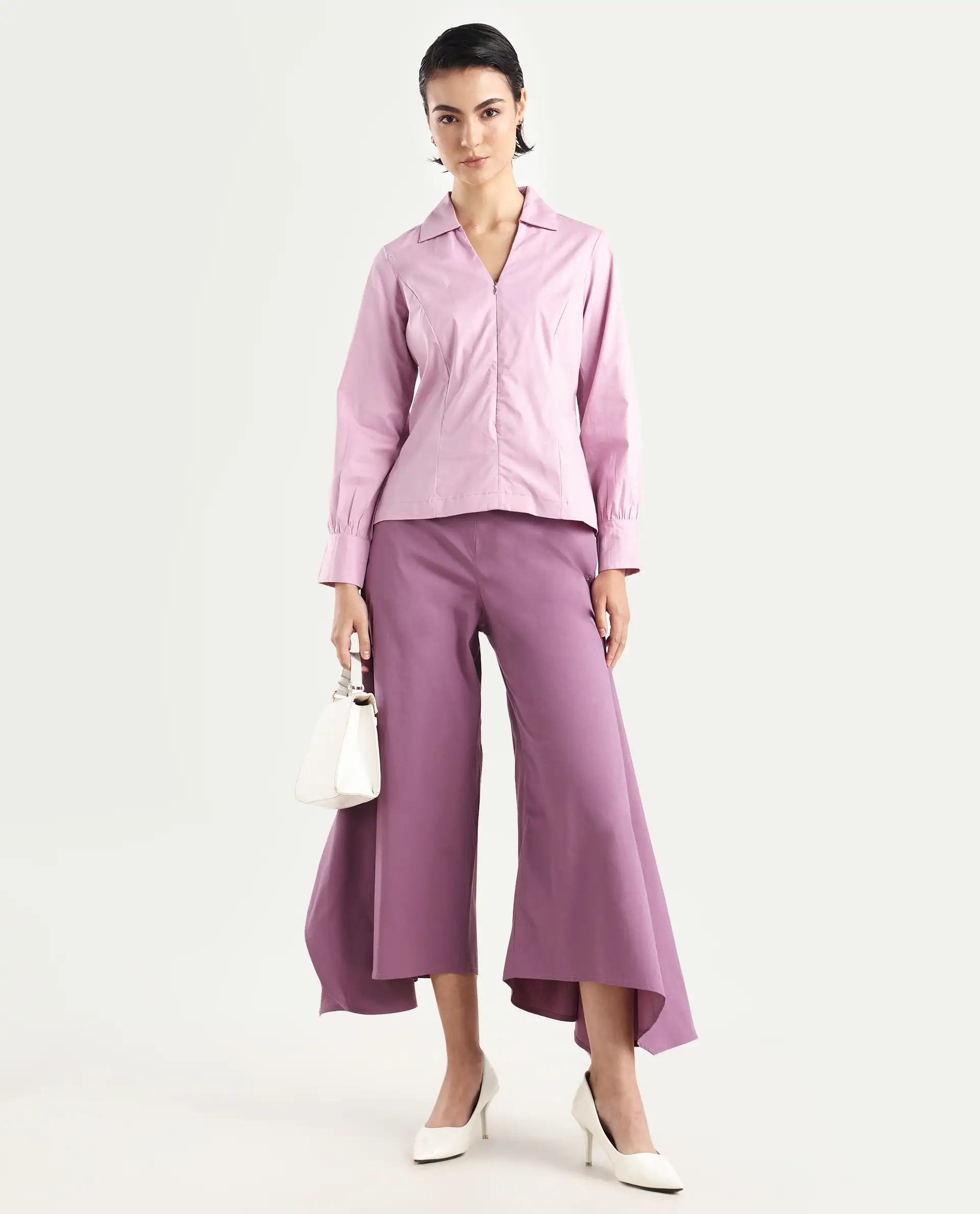 Rareism Women's Pomogra Light Pink Cotton Johnny Collar Plain Cuffed Sleeve Regular Fit Top - Image 2
