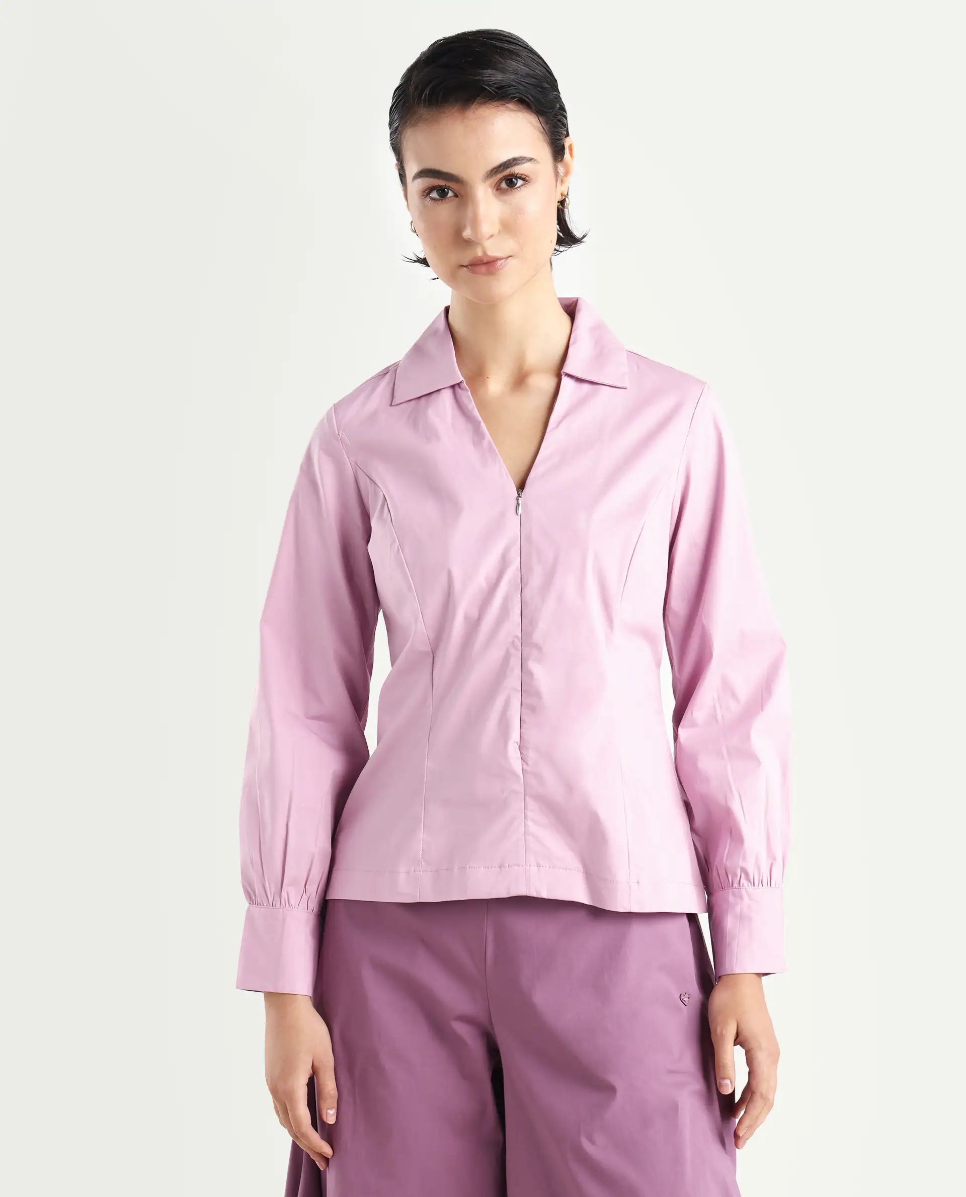 Rareism Women's Pomogra Light Pink Cotton Johnny Collar Plain Cuffed Sleeve Regular Fit Top - Image 3